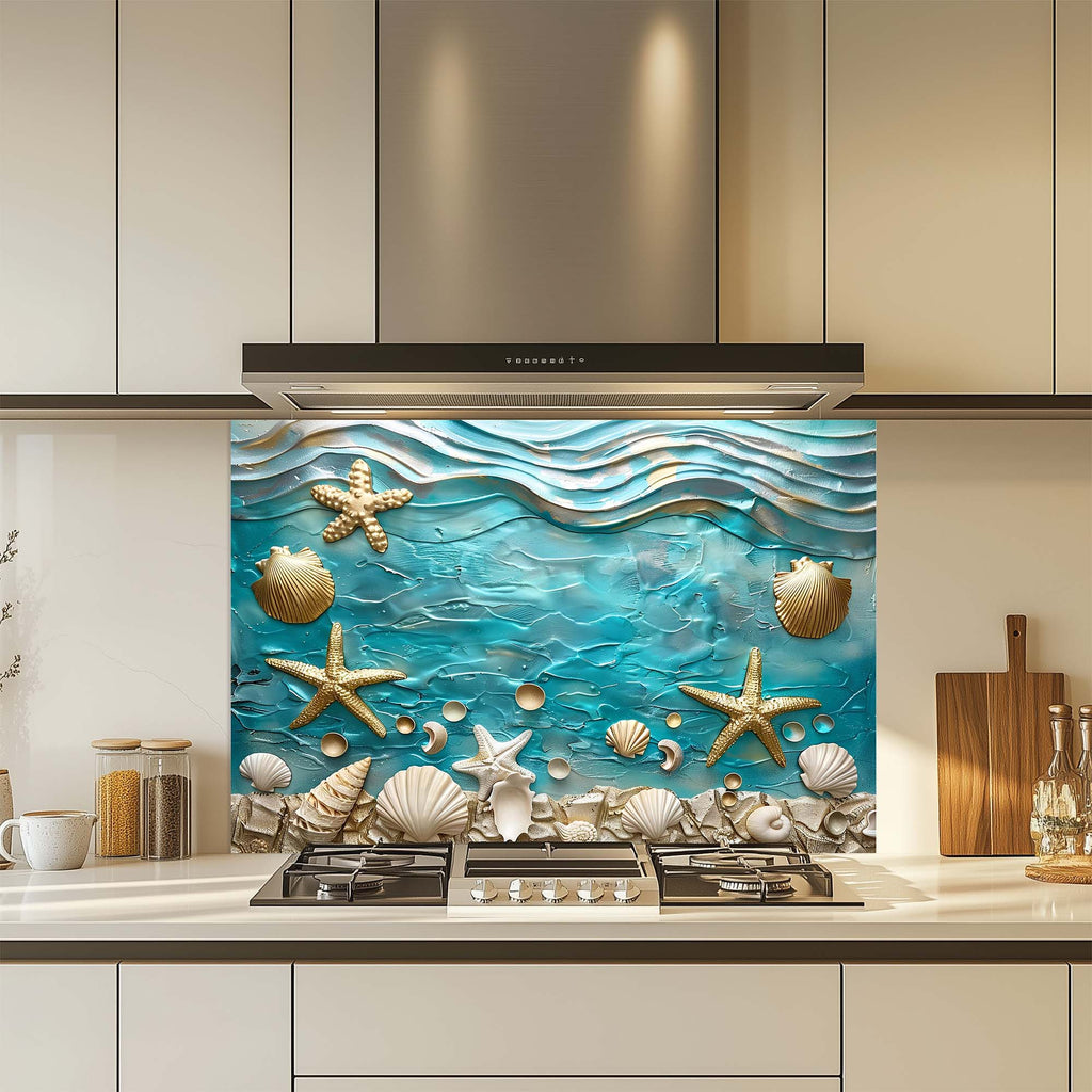 Ocean Breeze – Salpicadero de Cristal Templado para Cocina – Salpicadero de Conchas Marinas Costeras