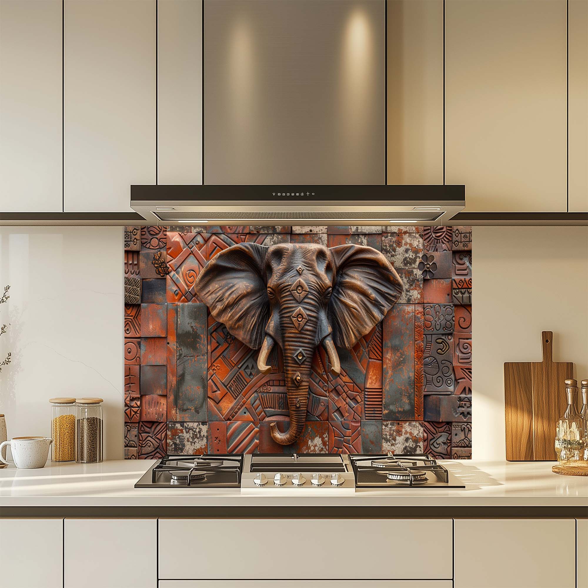 Tribal Elephant – Tempered Glass Backsplash | African Ethnic Pattern Kitchen Backsplash