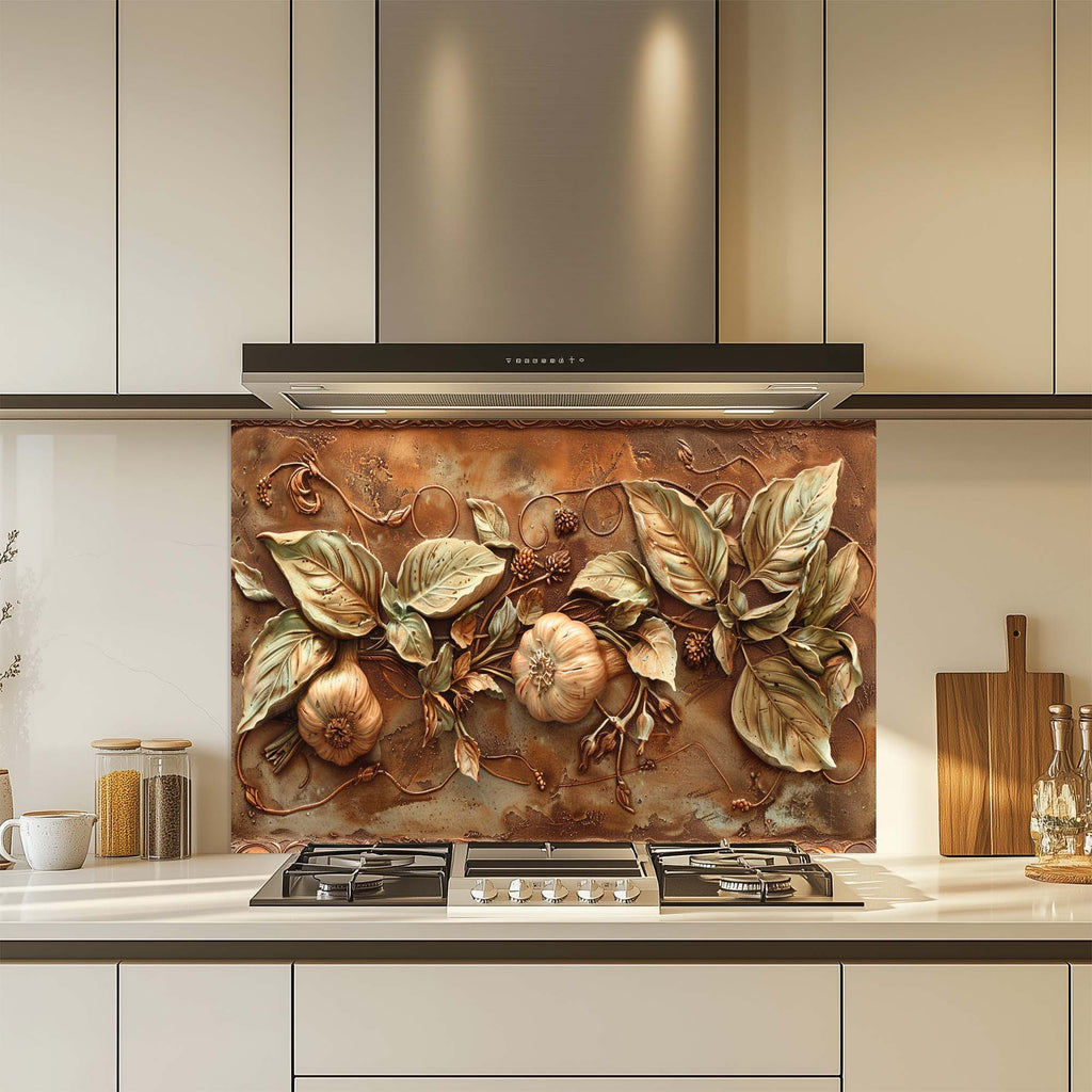 Golden Harvest Relief Tempered Glass Backsplash for Kitchen | Tuscan Garlic Backsplash