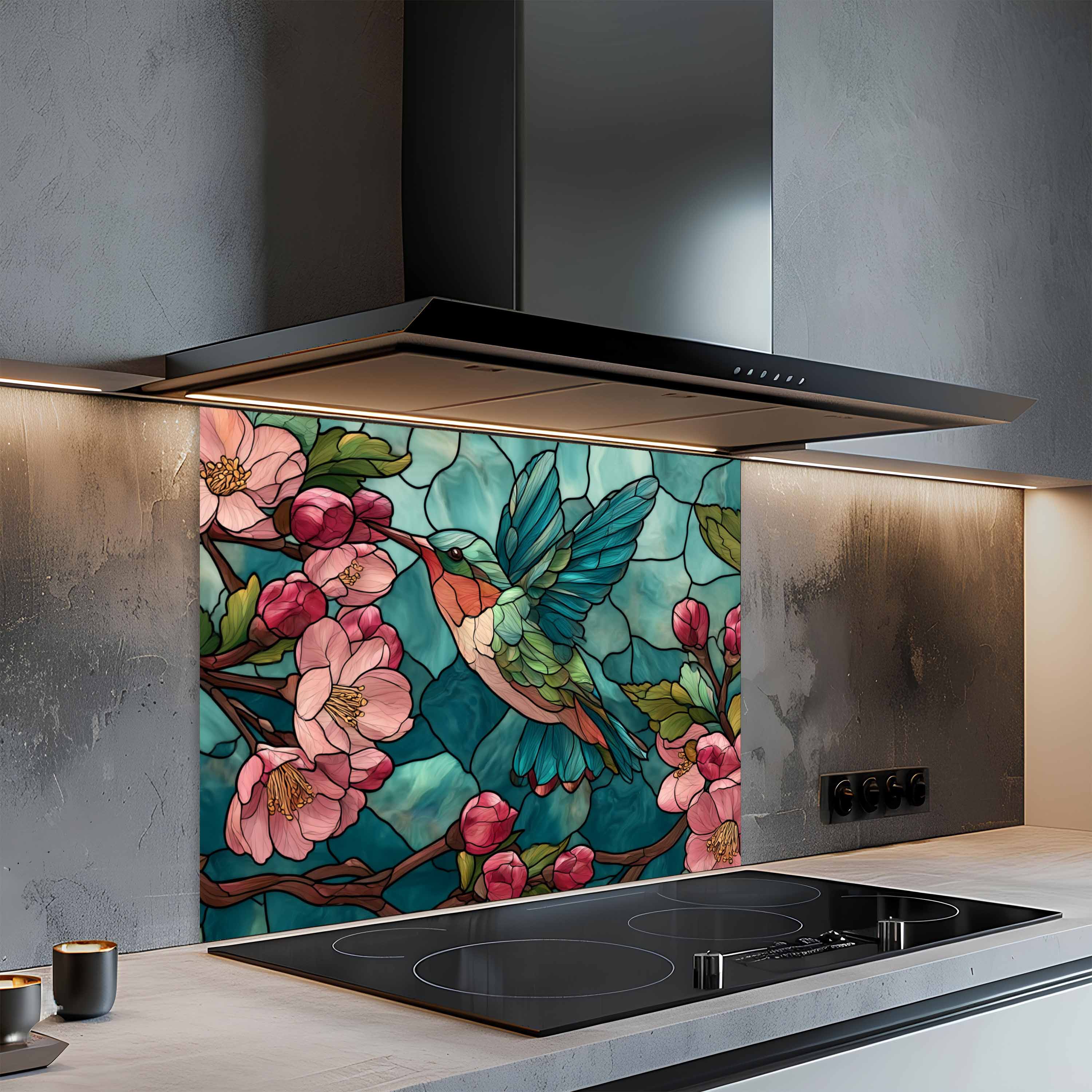 Néctar de Flores – Protector contra salpicaduras de cocina de cristal templado con colibrí