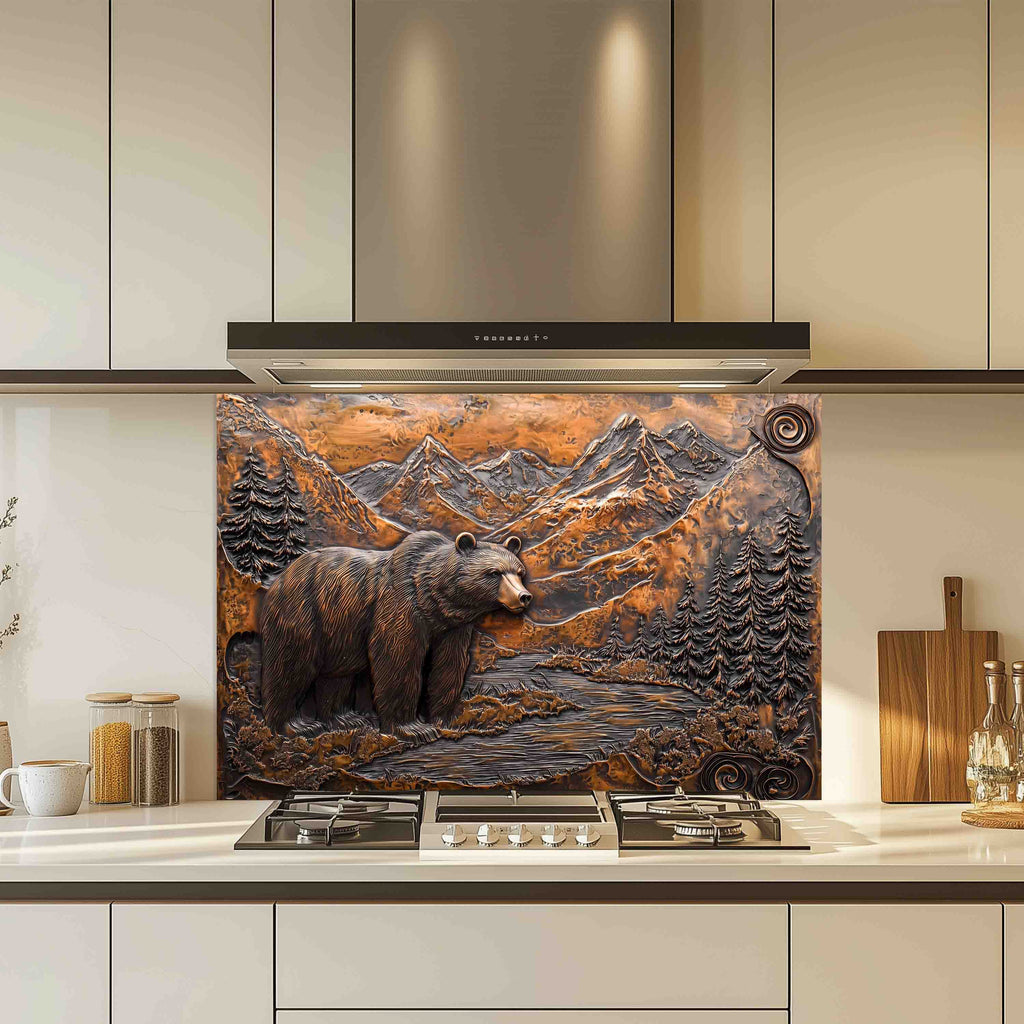 Salpicadero de Cristal Templado Estilo Rústico – Panel de Cocina Oso y Río de Montaña