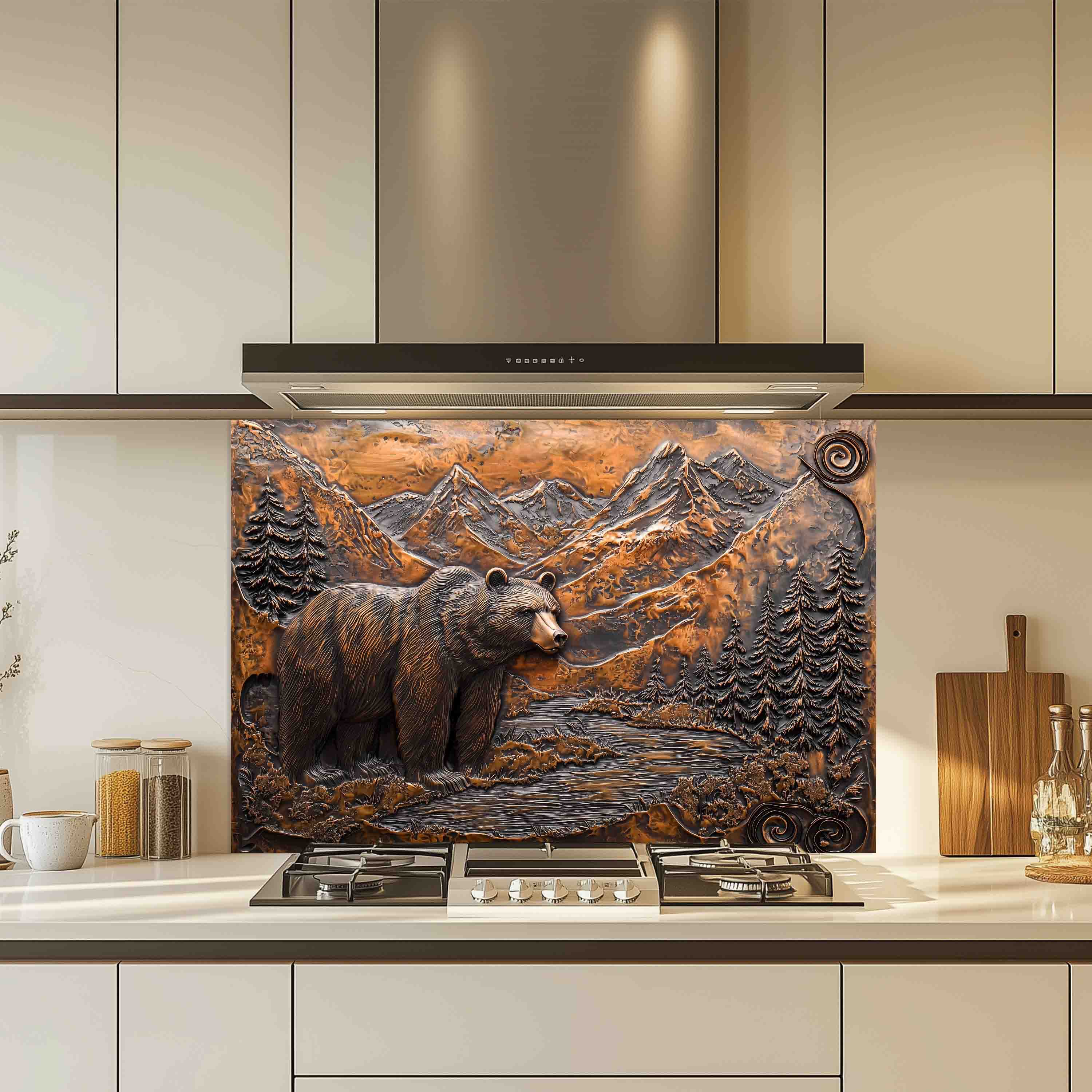 Salpicadero de Cristal Templado Estilo Rústico – Panel de Cocina Oso y Río de Montaña