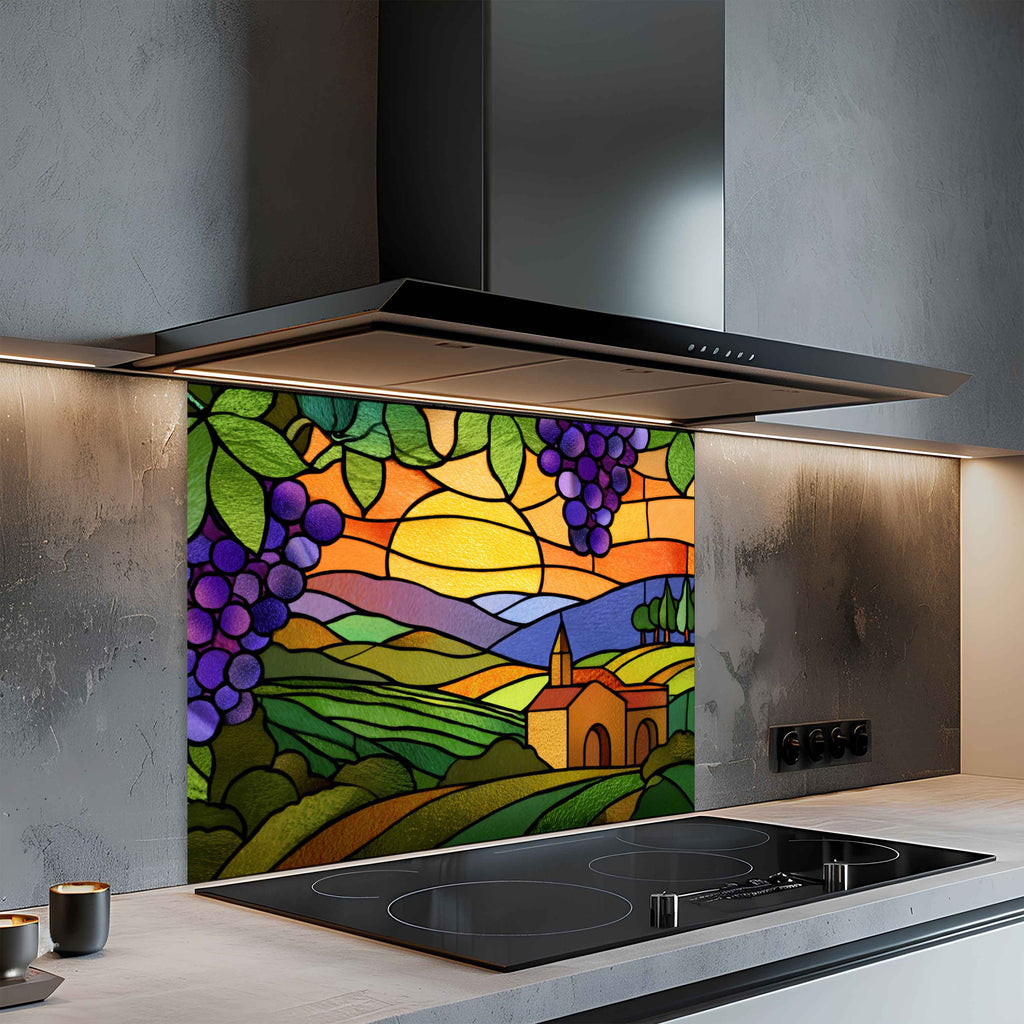 Tempered Glass Backsplash for Kitchen | Stained Glass Grape Vineyard Sunset