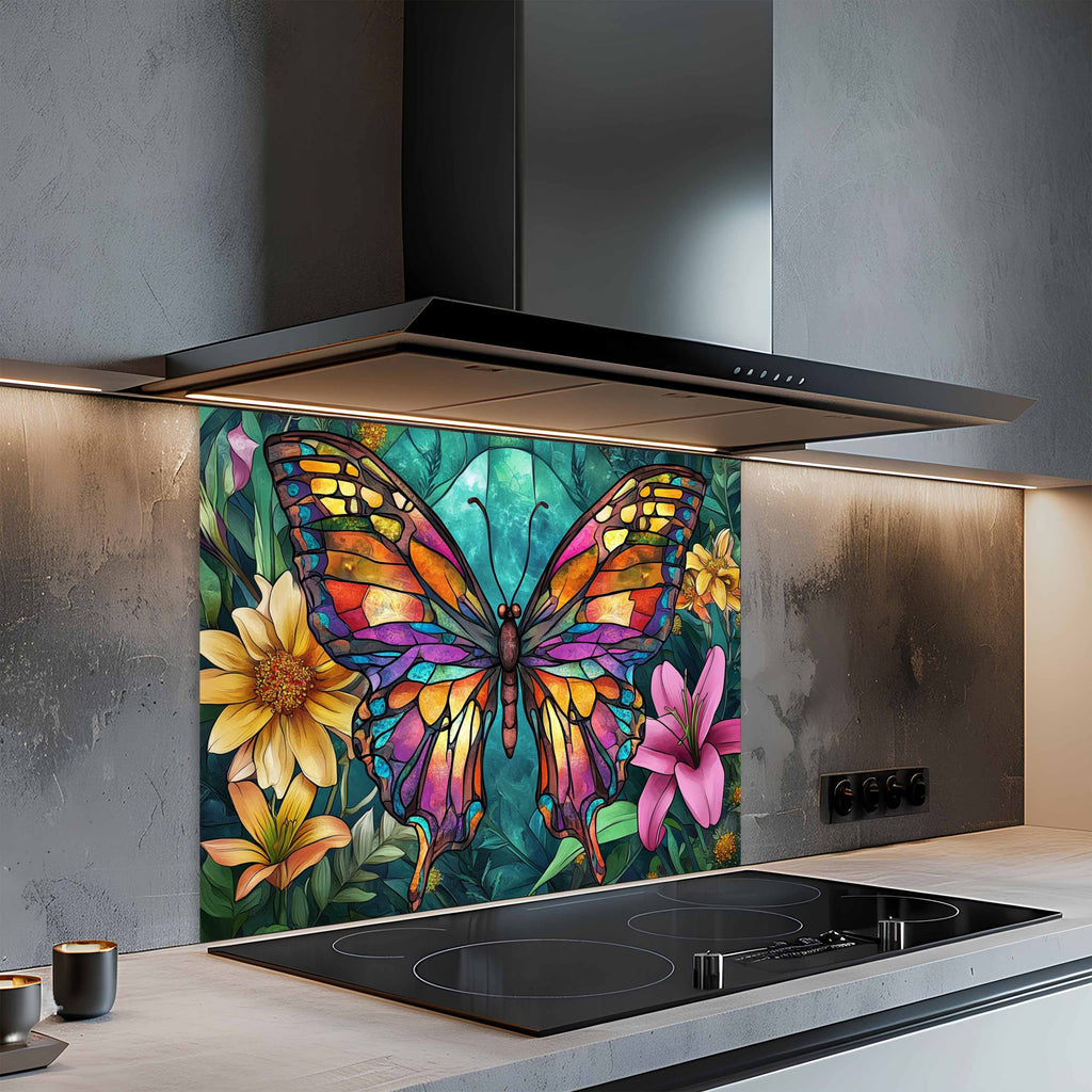Tempered Glass Backsplash for Kitchen | Colorful Butterfly & Floral Stained Glass Design