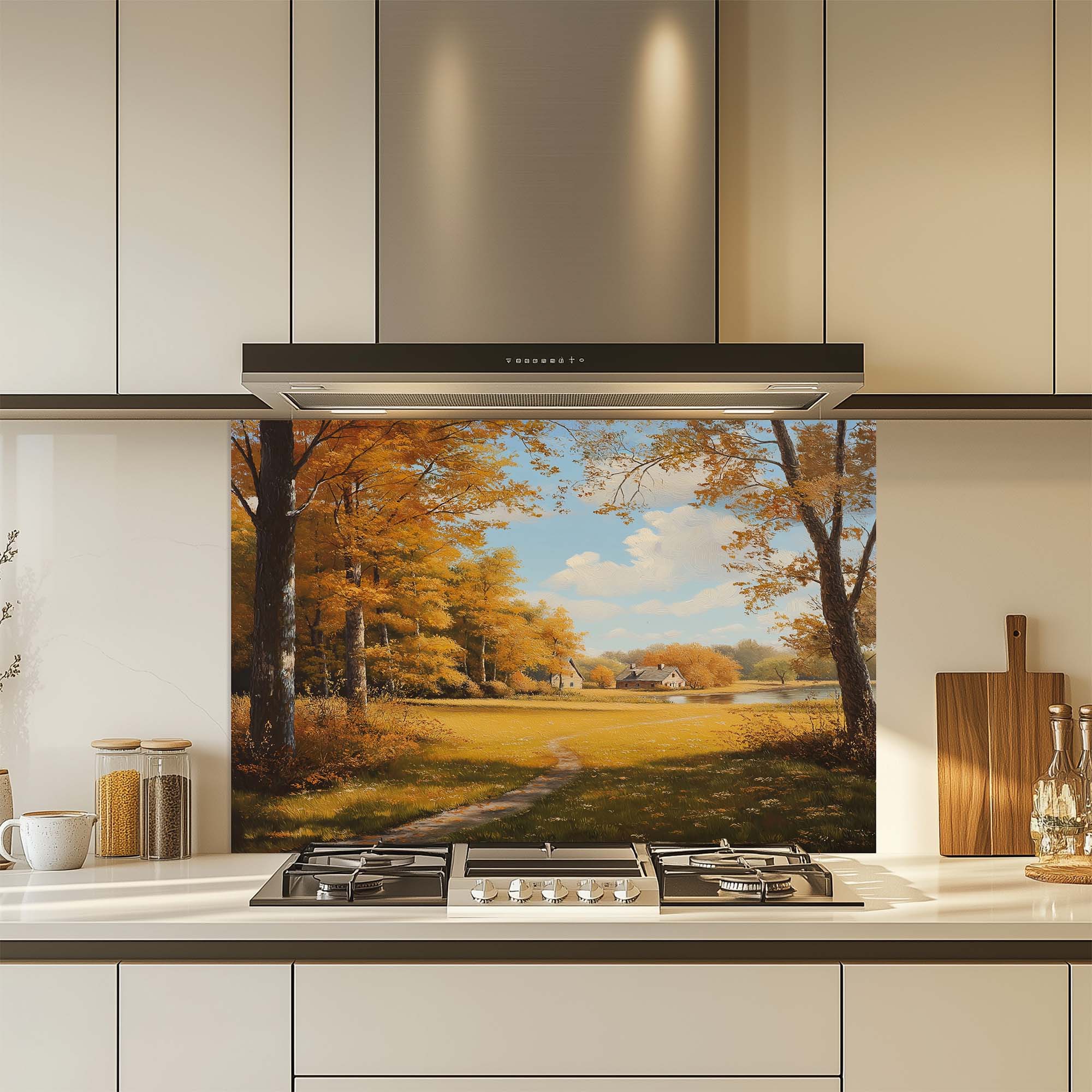 Amber Haven – Tempered Glass Backsplash for Kitchen | Autumn Cottage Landscape Backsplash