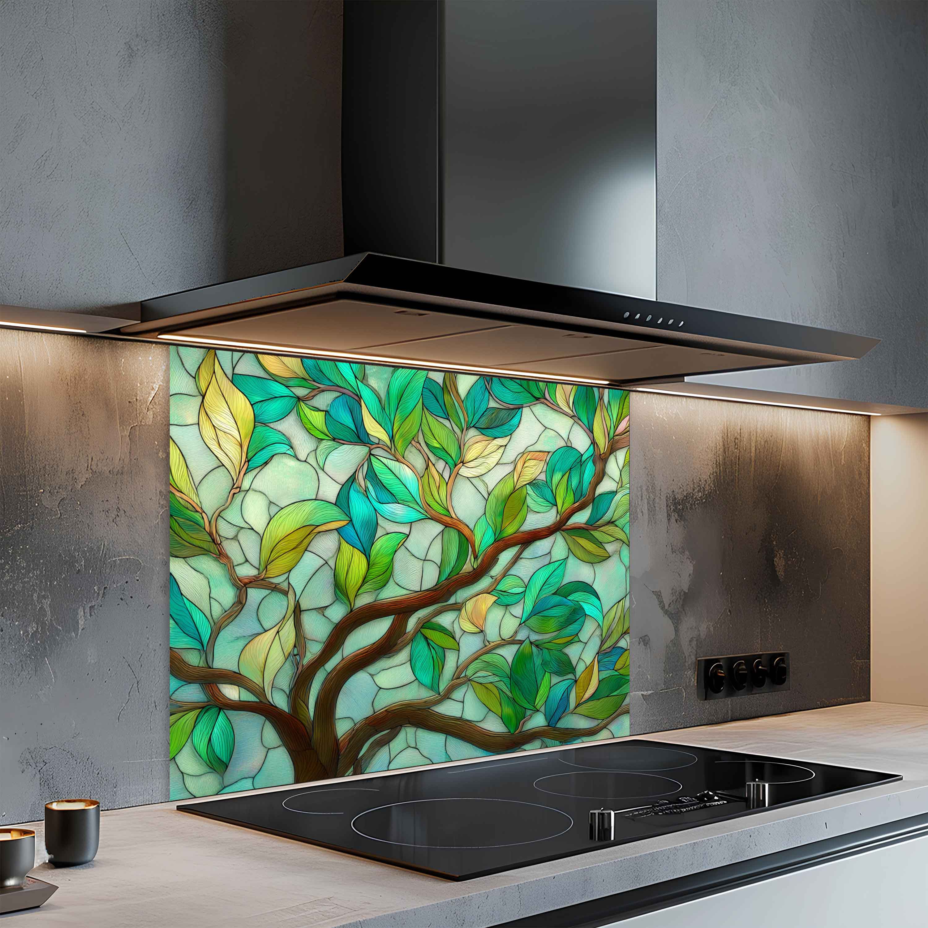Tranquil Branches – Tempered Glass Backsplash with Tree Branch and Leaf Design