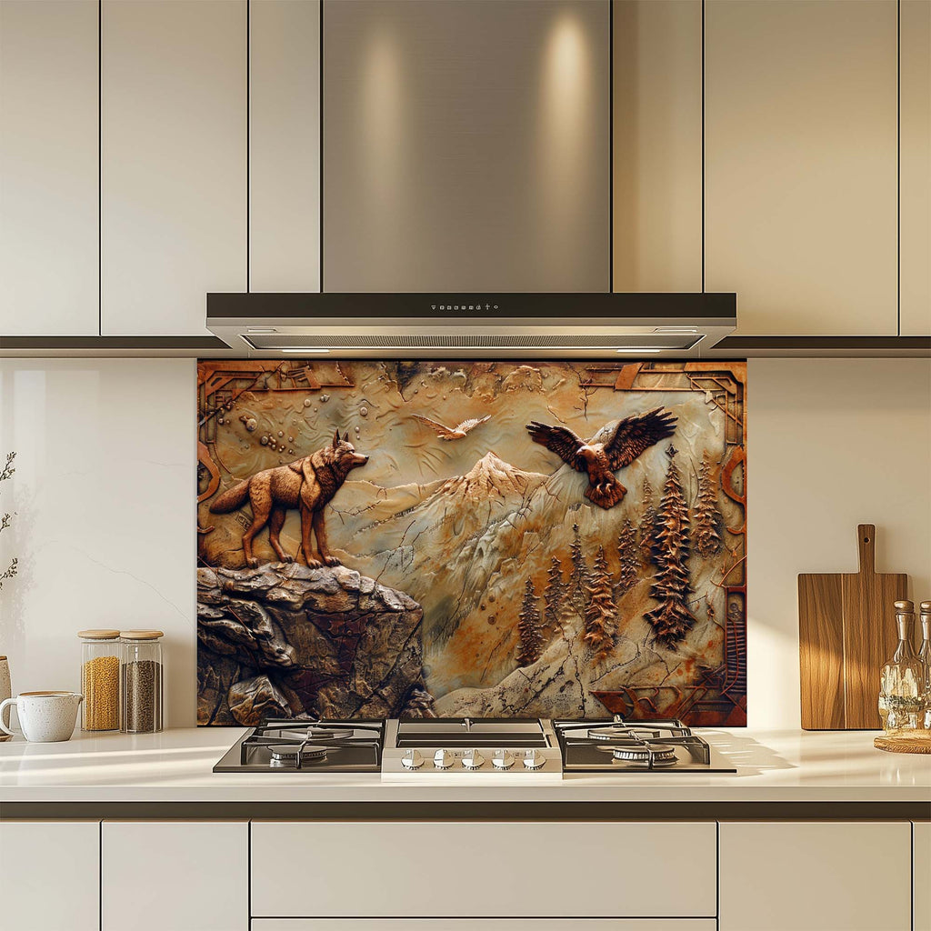 Águila Lobo – Salpicadero de cristal templado para cocina | Salpicadero bronceado con lobo y montaña