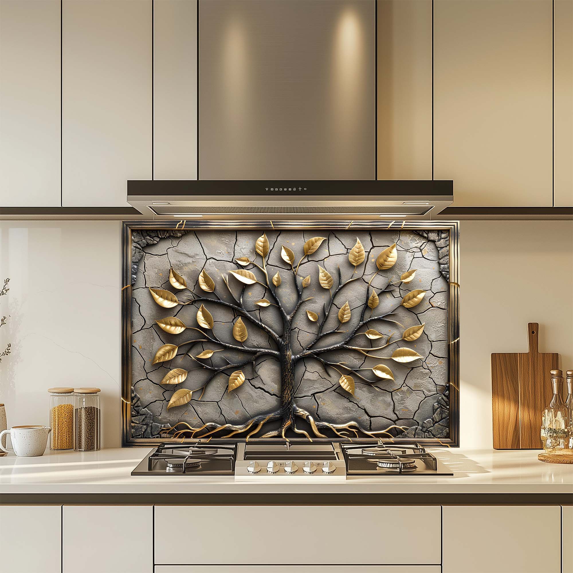 Golden Roots – Tempered Glass Backsplash for Kitchen – Tree of Life Kitchen Splashback