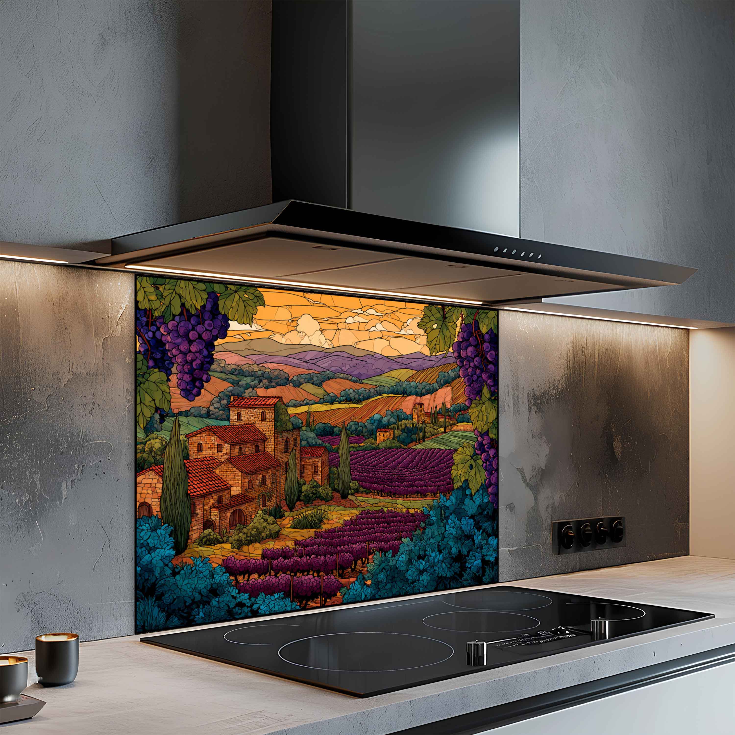 Tempered Glass Backsplash for Kitchen | Tuscan Vineyard & Sunset Countryside Scene