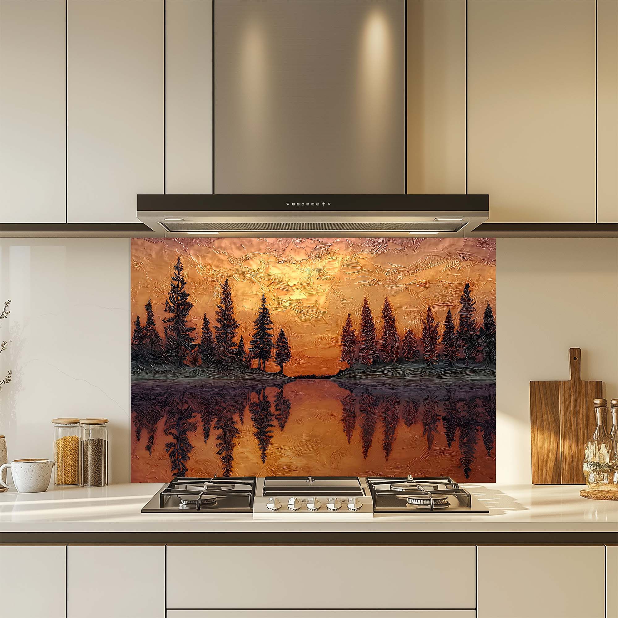 Reflejo de Atardecer – Salpicadero de Vidrio Templado para Cocina – Salpicadero de Vidrio con Aspecto Cobrizo