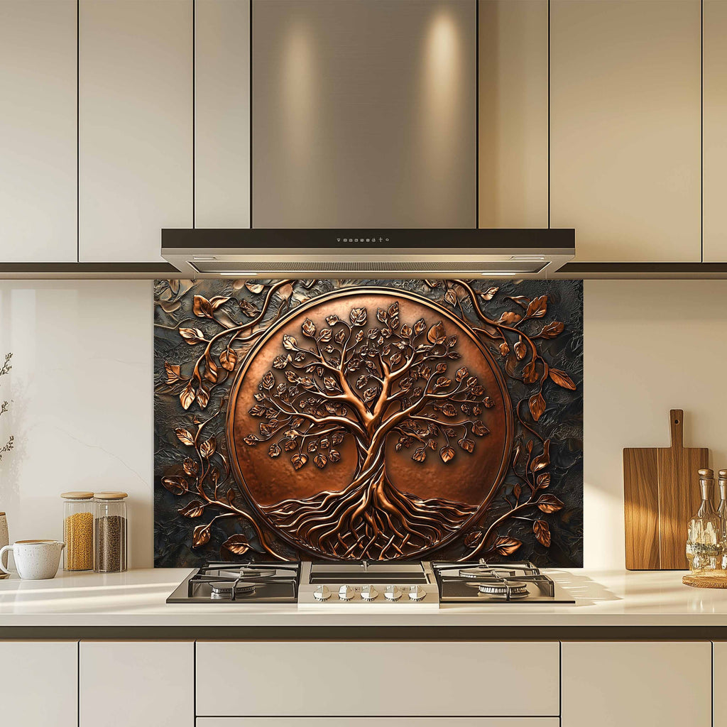 Protector contra salpicaduras de cocina personalizado – Árbol con aspecto de cobre Protector de salpicaduras para estufa de vidrio templado