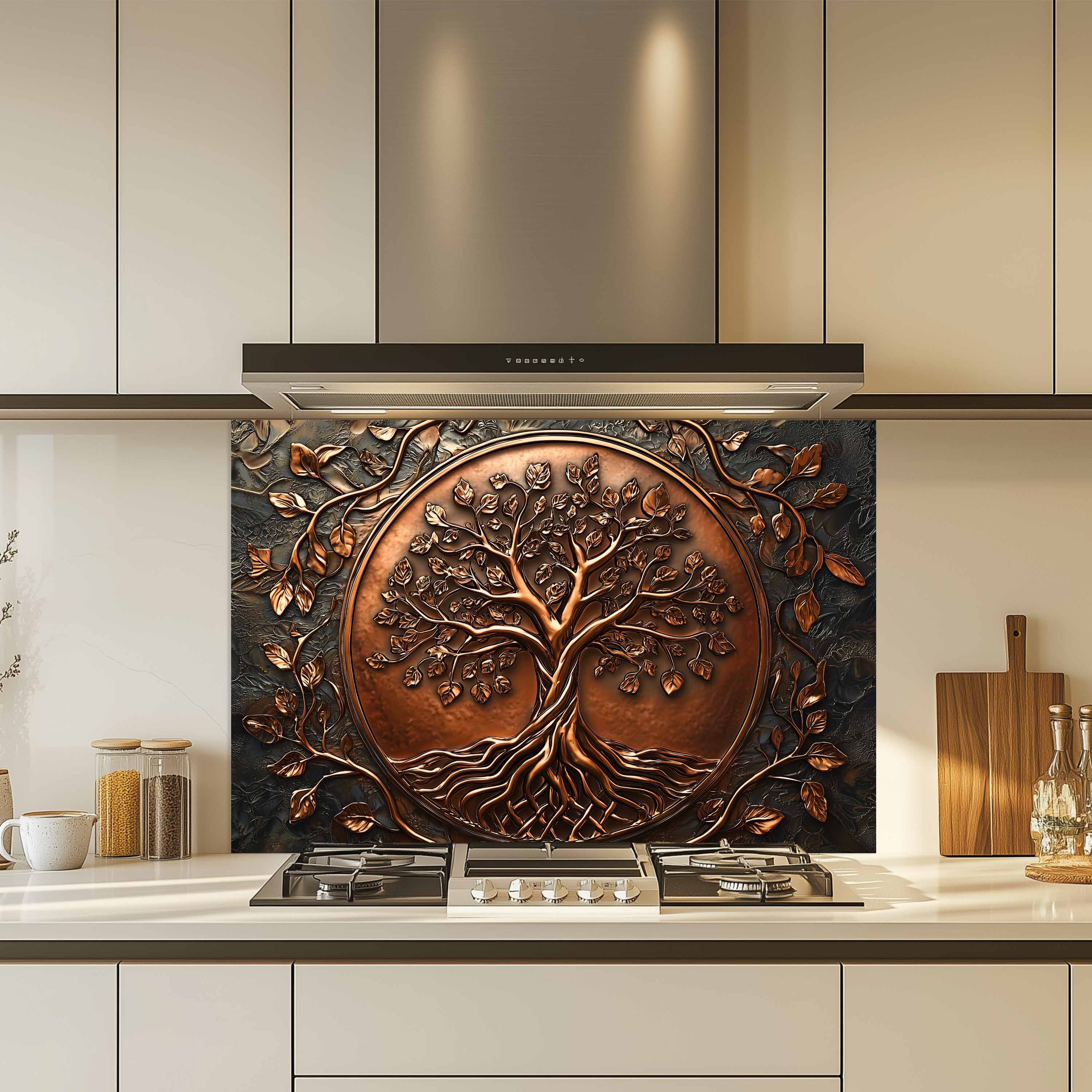 Protector contra salpicaduras de cocina personalizado – Árbol con aspecto de cobre Protector de salpicaduras para estufa de vidrio templado