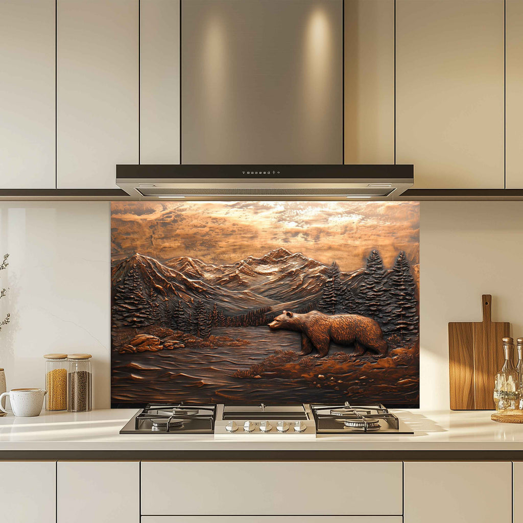 Panel antisalpicaduras de vidrio templado Valley Watcher – Panel antisalpicaduras de cocina con oso en la montaña