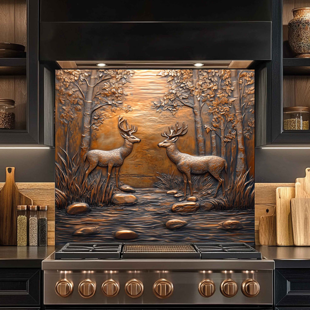 Protector contra salpicaduras de vidrio templado Encuentro en el bosque – Panel protector de cocina con escena de ciervos