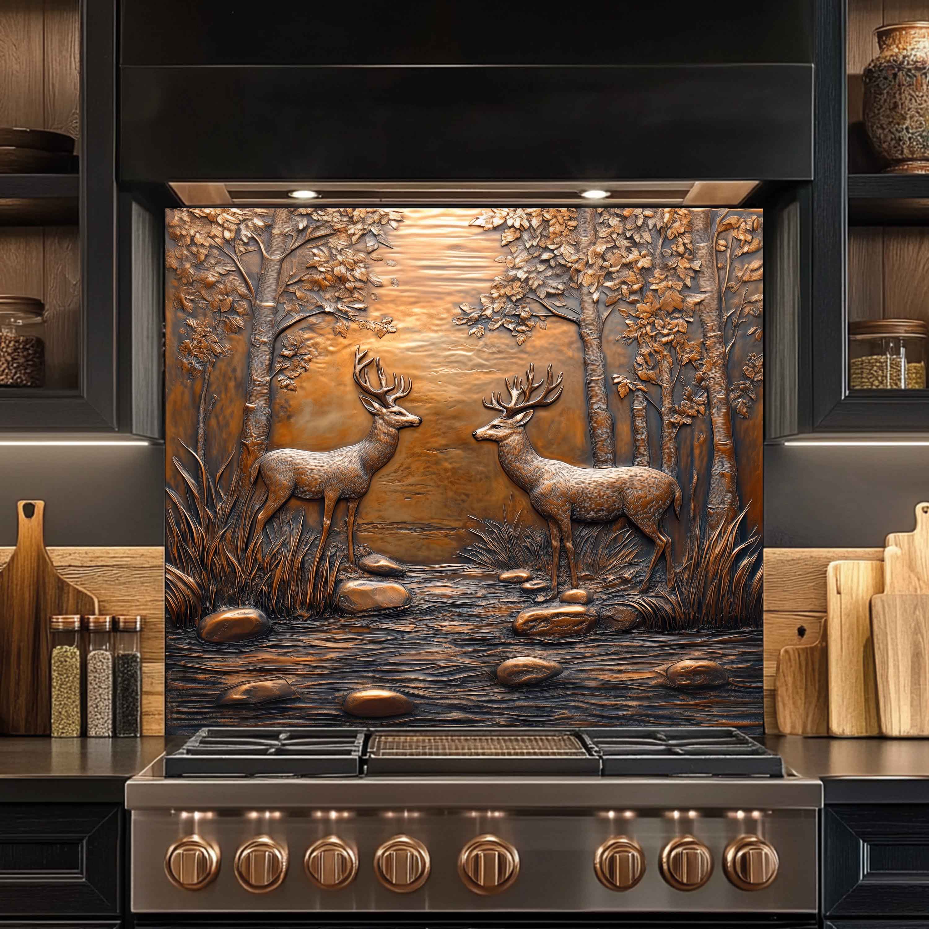 Protector contra salpicaduras de vidrio templado Encuentro en el bosque – Panel protector de cocina con escena de ciervos