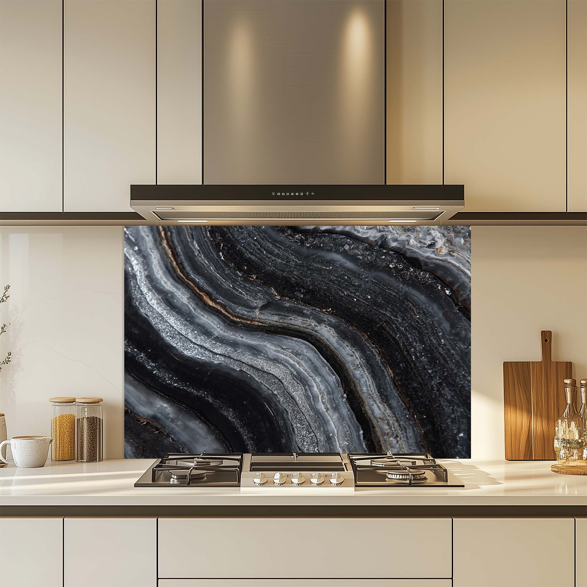 Vetas de Obsidiana – Salpicadero de Vidrio Templado para Cocina | Salpicadero Monocromático de Lujo