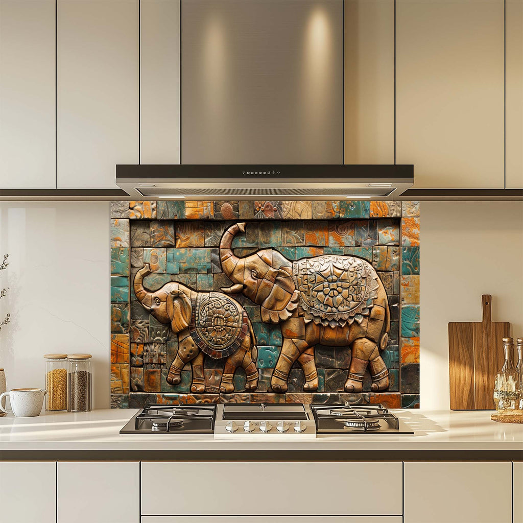 Elephant March Mosaic Tempered Glass Backsplash | Artistic Stove Glass Backsplash