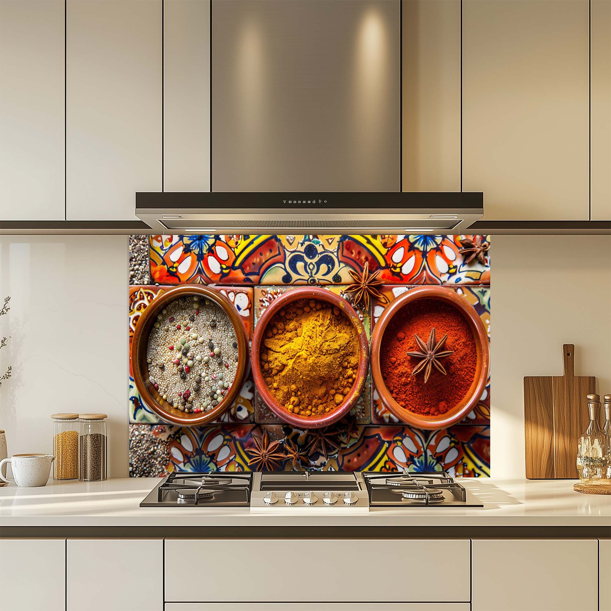 Spice Harmony – Tempered Glass Backsplash for Kitchen | Colorful Spice Bowls Backsplash