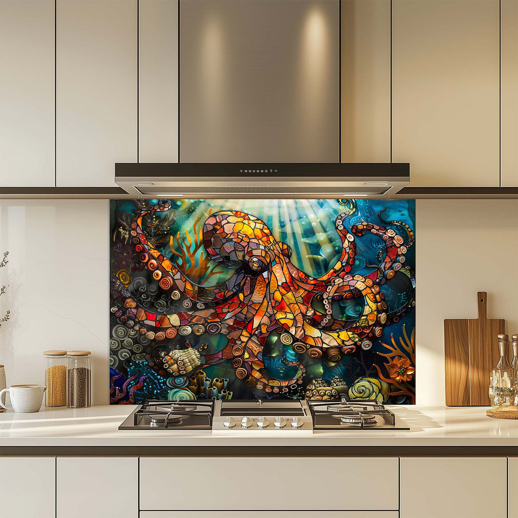 Odisea de Pulpos – Salpicadero de Cristal Templado para Cocina – Salpicadero con Aspecto de Vidriera