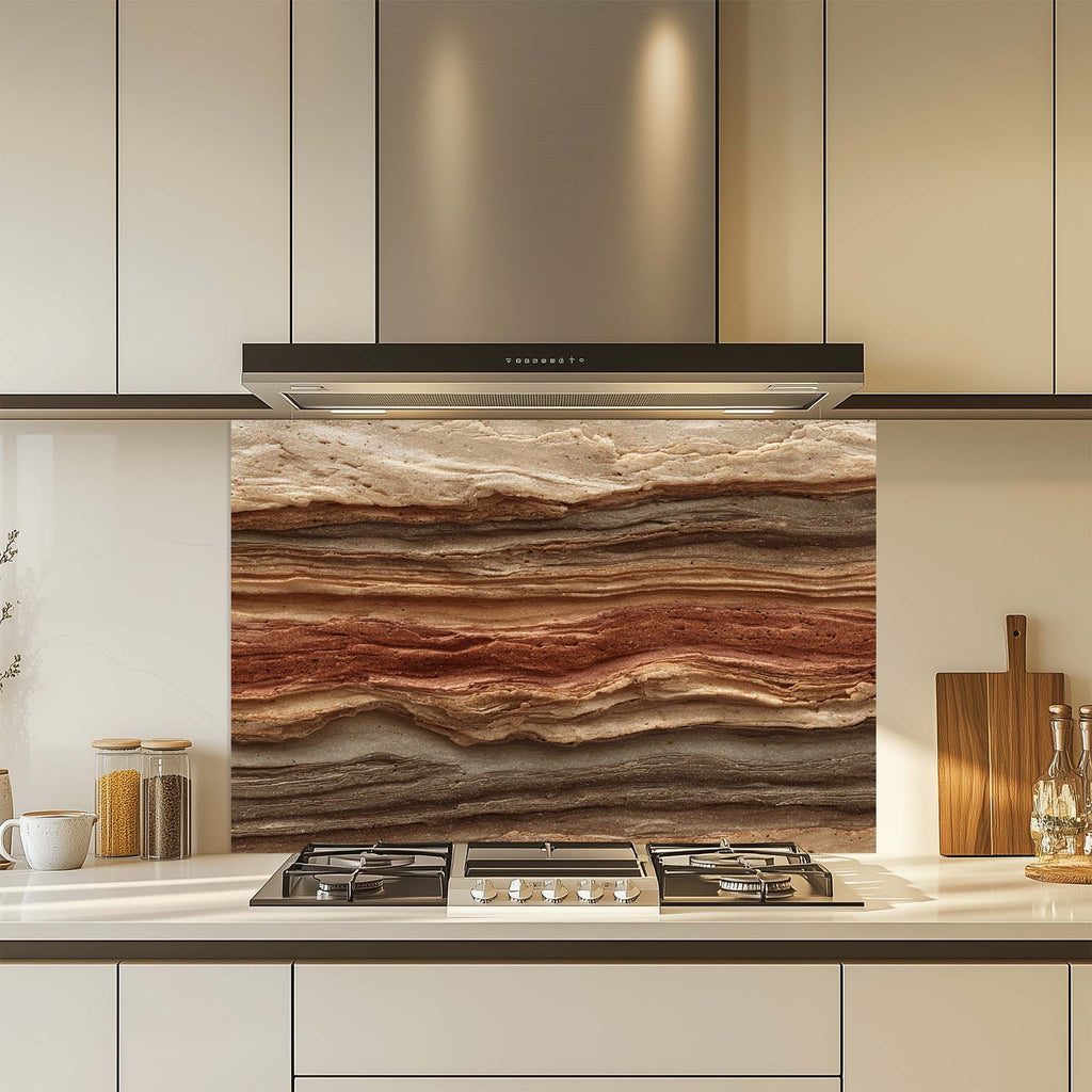 Strata Fusion – Salpicadero de cristal templado para cocina | Salpicadero de cristal geológico en tonos tierra