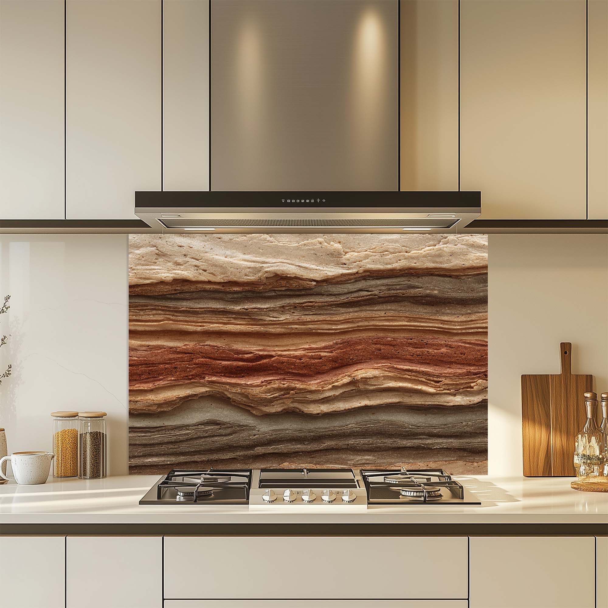Strata Fusion – Salpicadero de cristal templado para cocina | Salpicadero de cristal geológico en tonos tierra