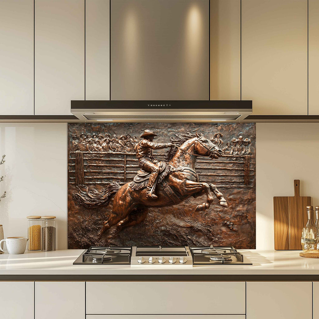Western Tempered Glass Backsplash for Kitchen | Copper-Look Cowboy & Rodeo Scene
