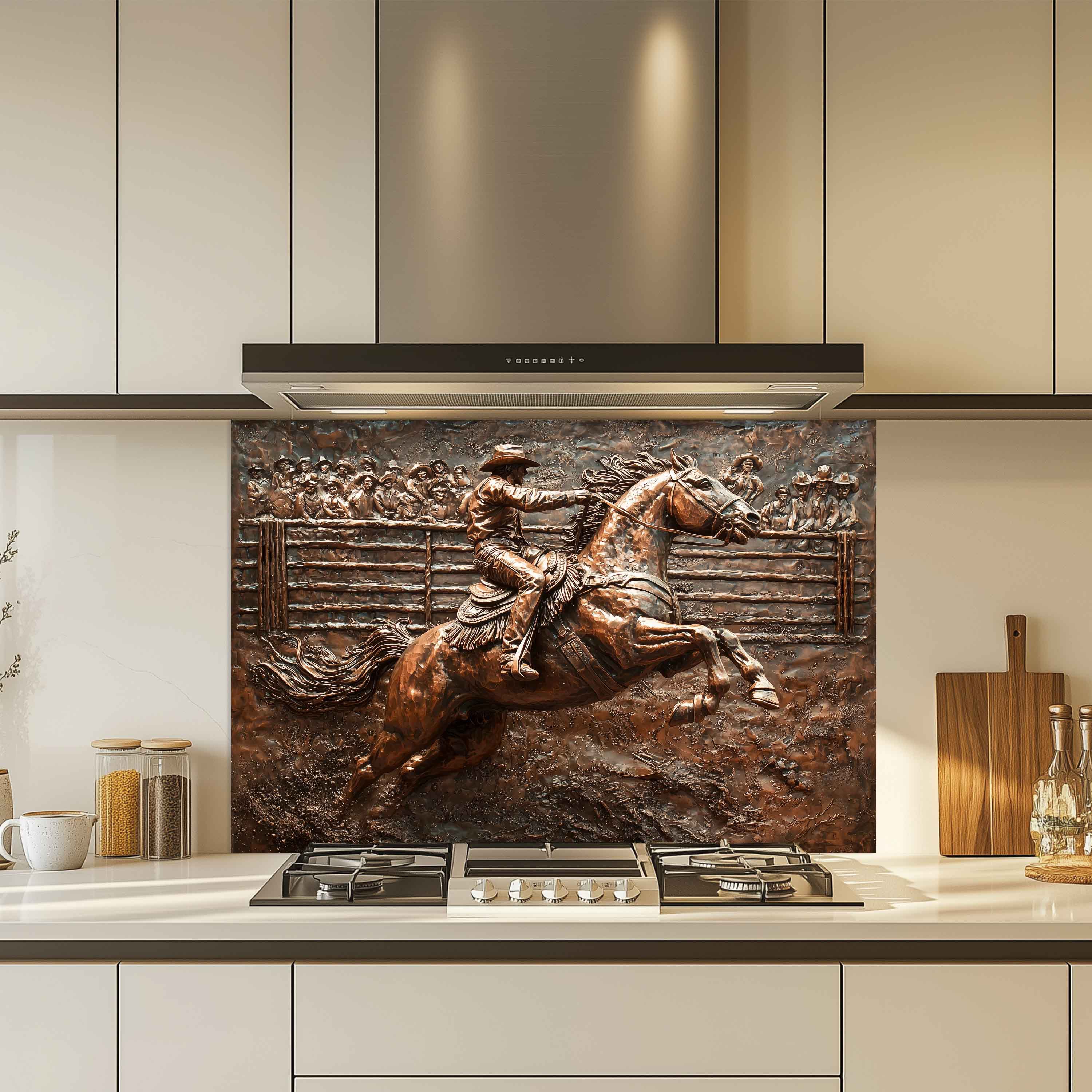Western Tempered Glass Backsplash for Kitchen | Copper-Look Cowboy & Rodeo Scene