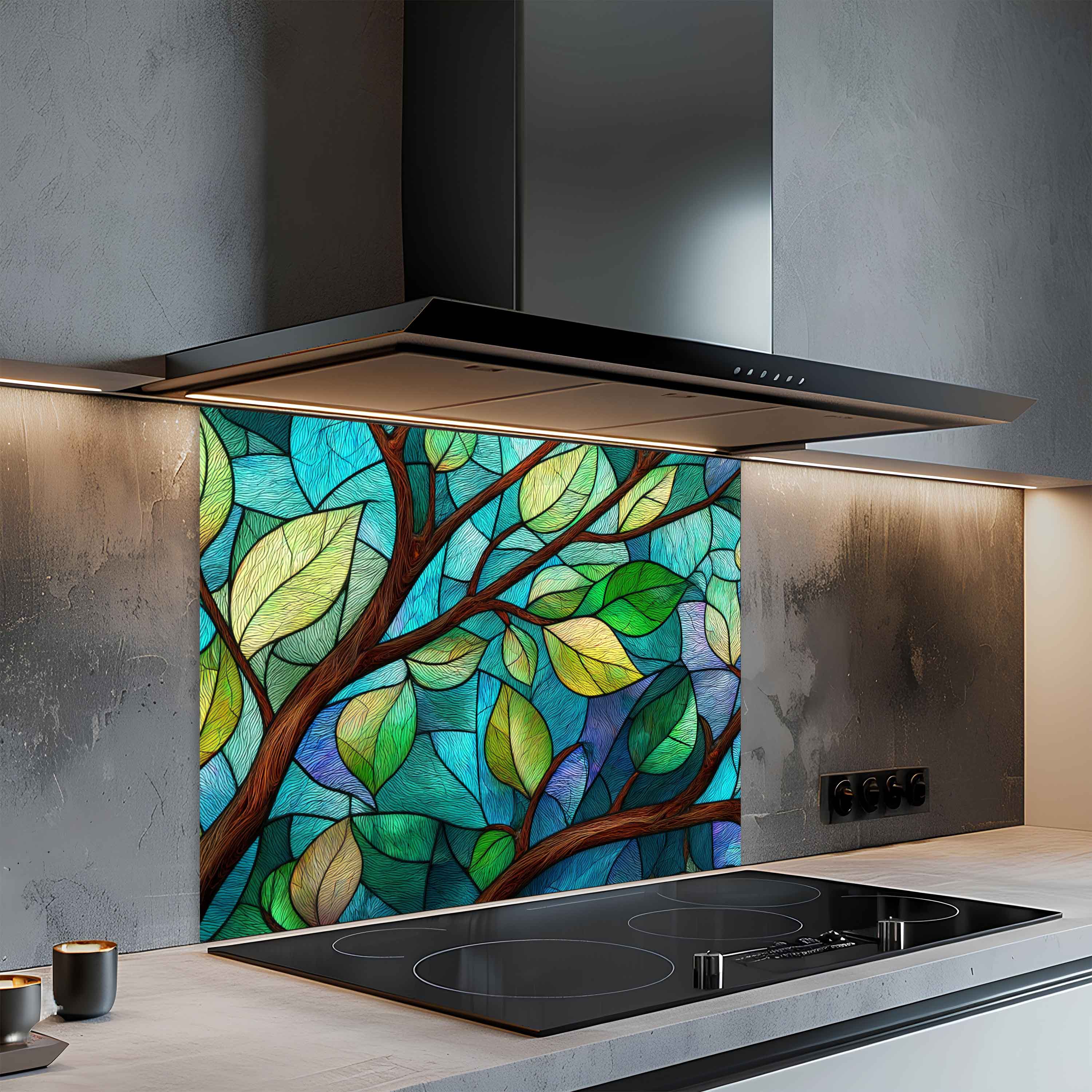 Tranquil Branches – Tempered Glass Backsplash for Kitchen | Tree Leaves Splashback