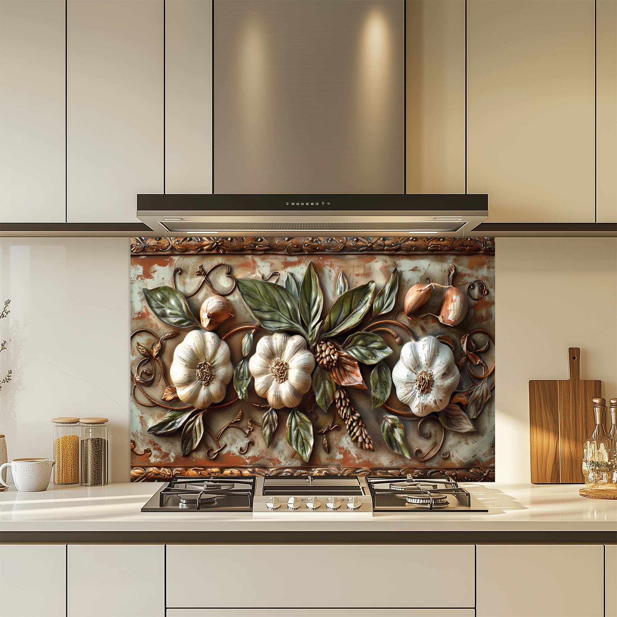 Salpicadero de cristal templado Tuscan Garlic Garden para cocina | Salpicadero con diseño de ajos y hojas