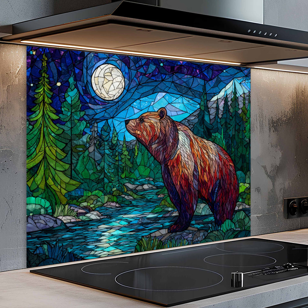 Salpicadero de cocina con diseño de oso nocturno estilo vidriera en mosaico "Moonlit Strength"