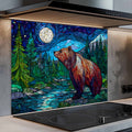 Salpicadero de cocina con diseño de oso nocturno estilo vidriera en mosaico "Moonlit Strength"