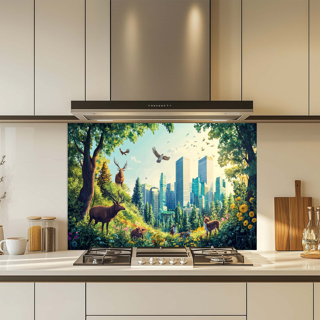 Emerald Haven – Salpicadero de Cristal Templado para Cocina | Salpicadero Vibrante de Bosque Urbano