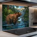 Forest Stream with Bear – Tempered Glass Backsplash For Lodge Kitchens