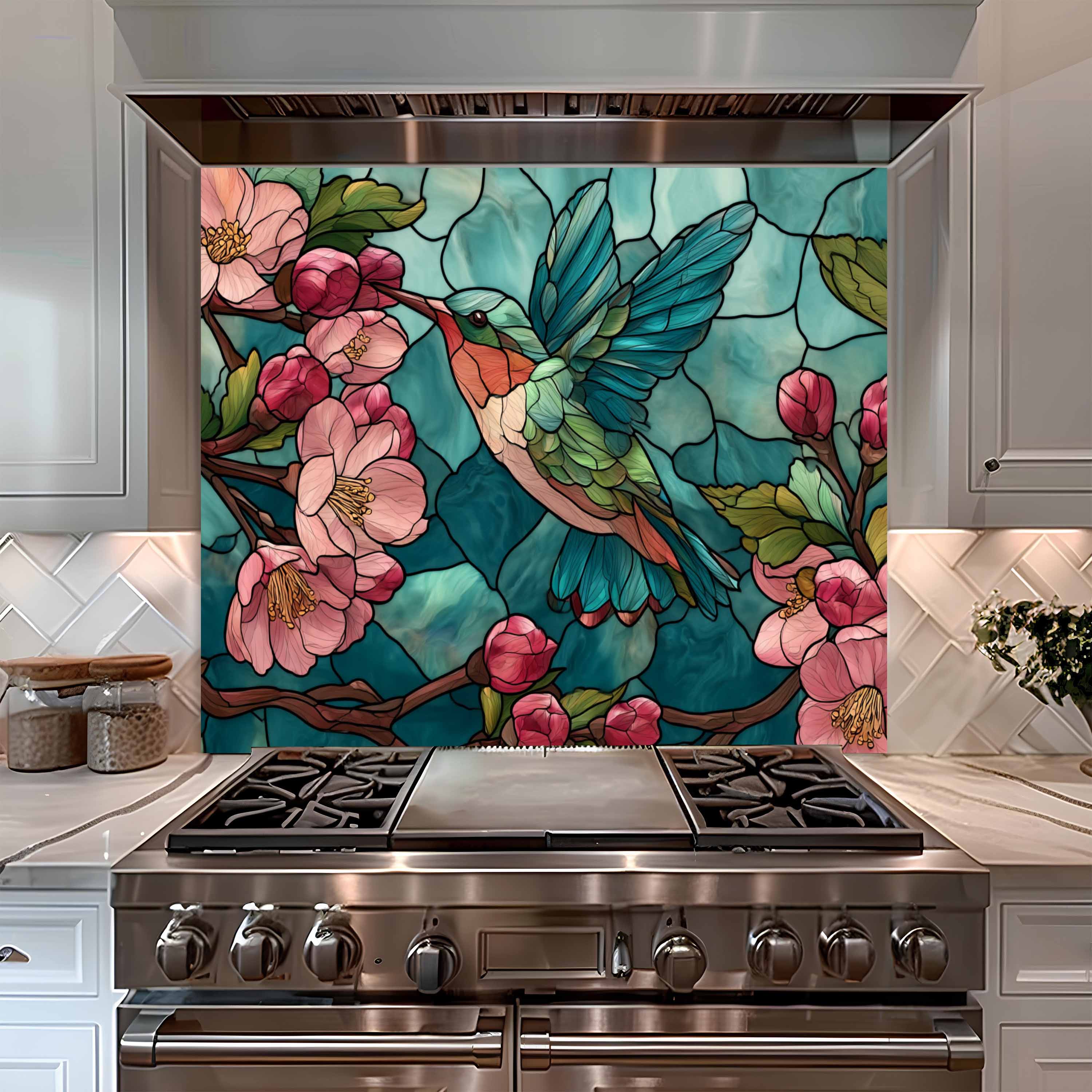 Néctar de Flores – Protector contra salpicaduras de cocina de cristal templado con colibrí