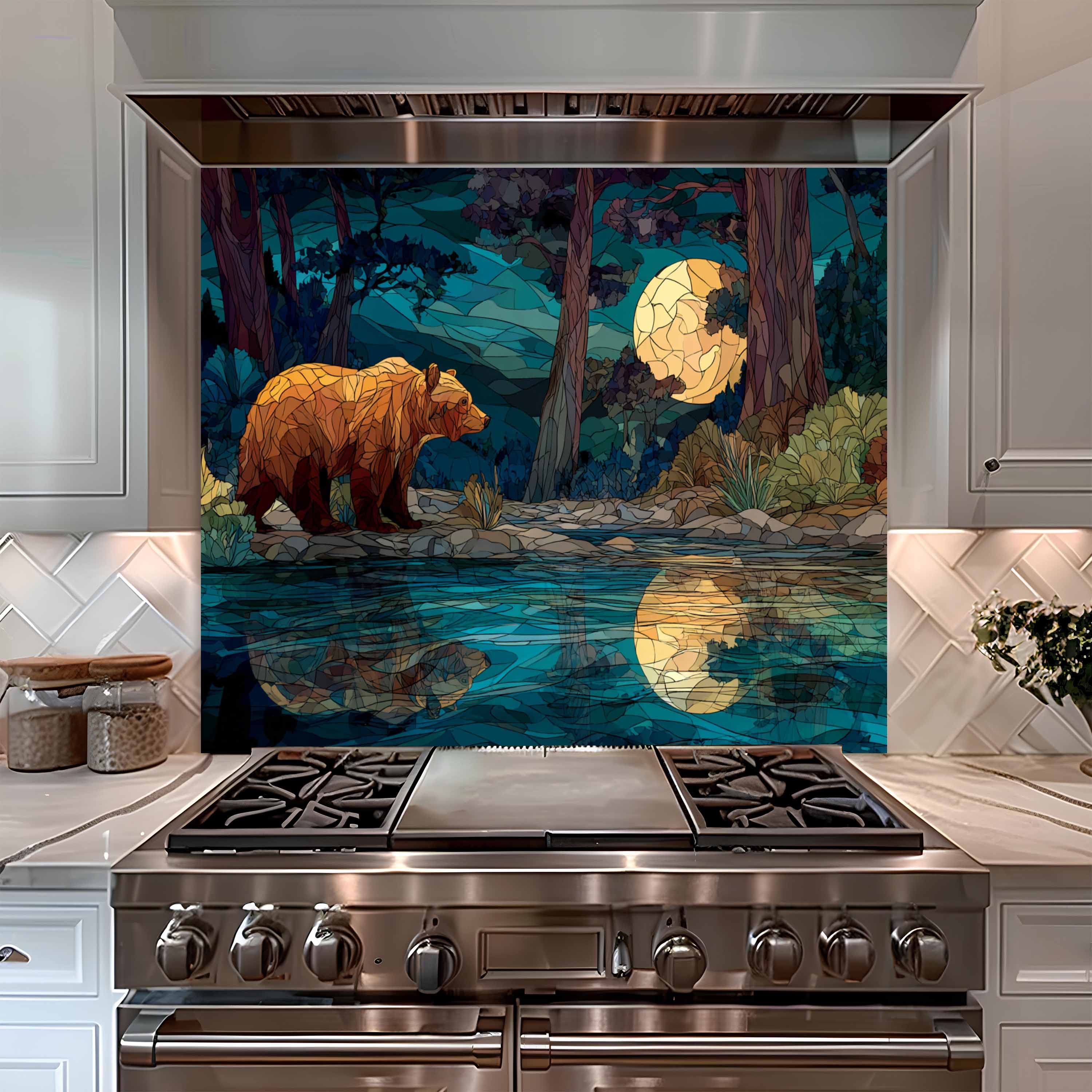Moonlit Bear – Tempered Glass Backsplash For Forest Cabin Kitchen Style