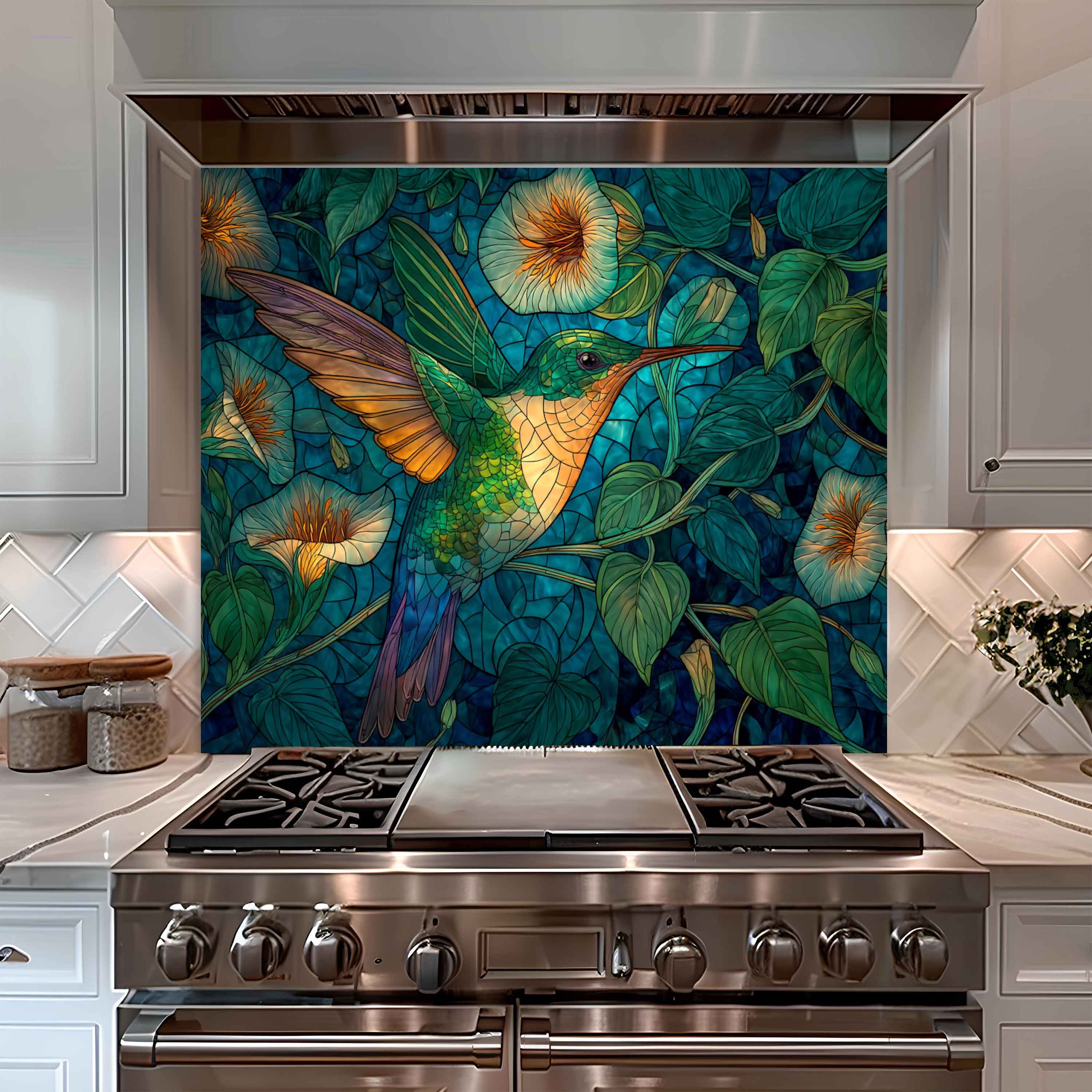 Emerald Flight Kitchen Splashback – Tempered Glass Backsplash with Hummingbird and Floral Vines