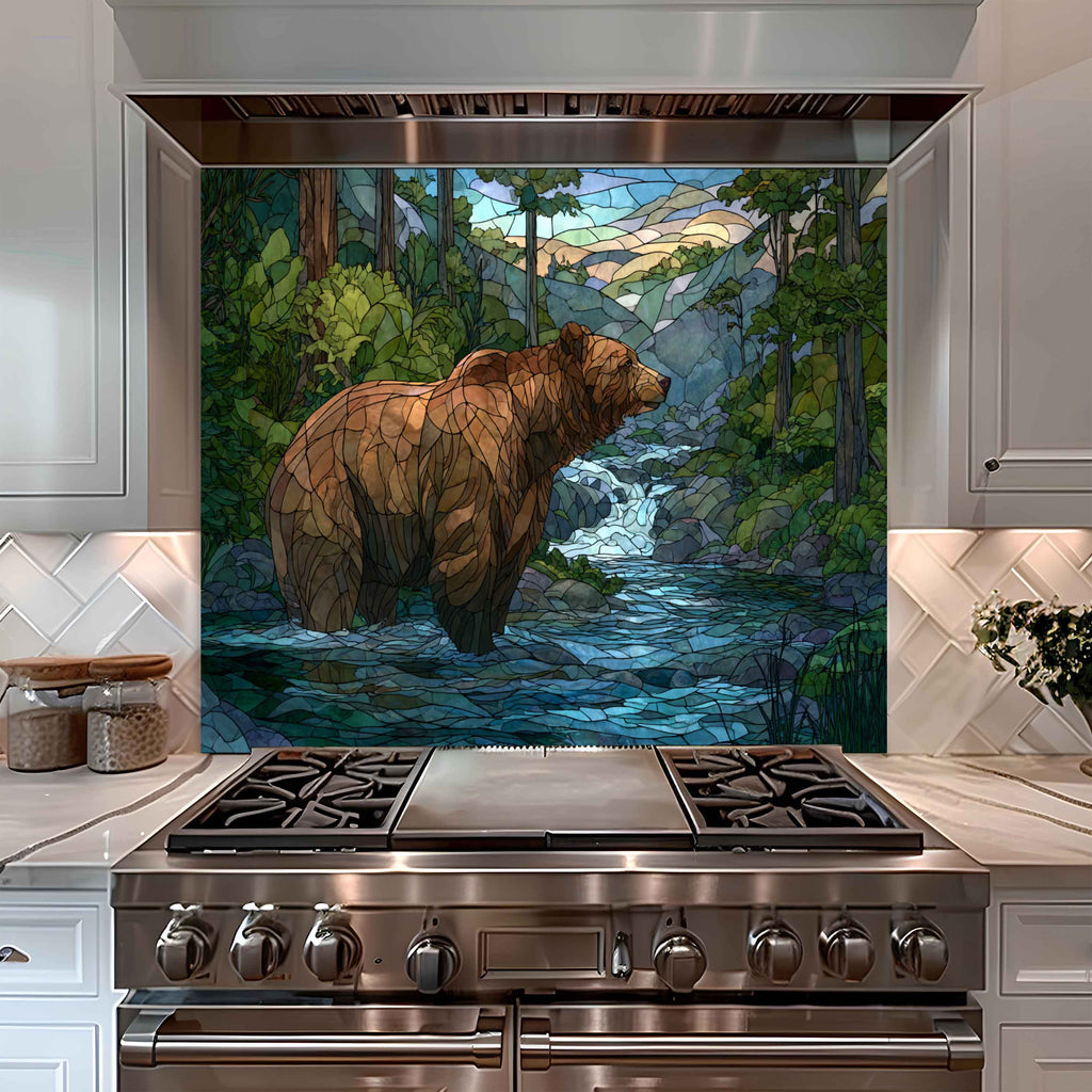 Forest Stream with Bear – Tempered Glass Backsplash For Lodge Kitchens