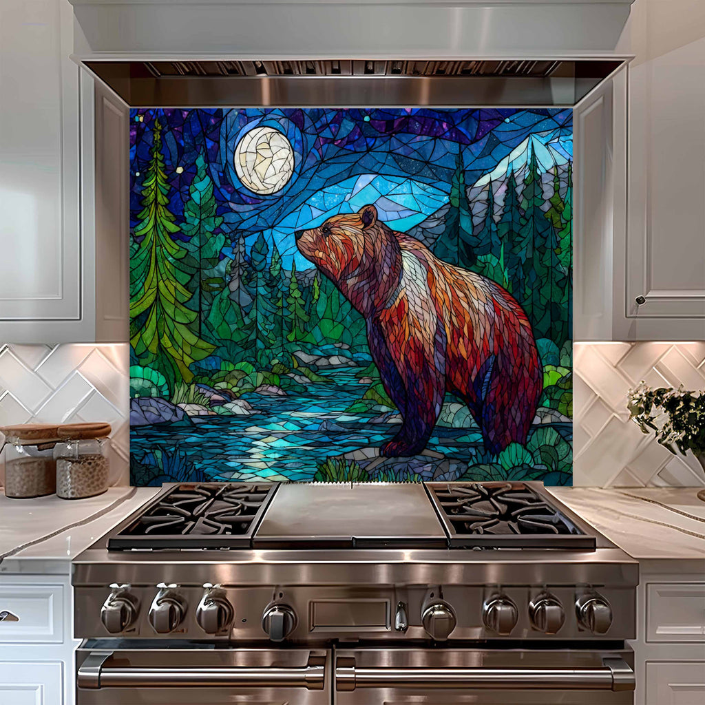 Salpicadero de cocina con diseño de oso nocturno estilo vidriera en mosaico "Moonlit Strength"