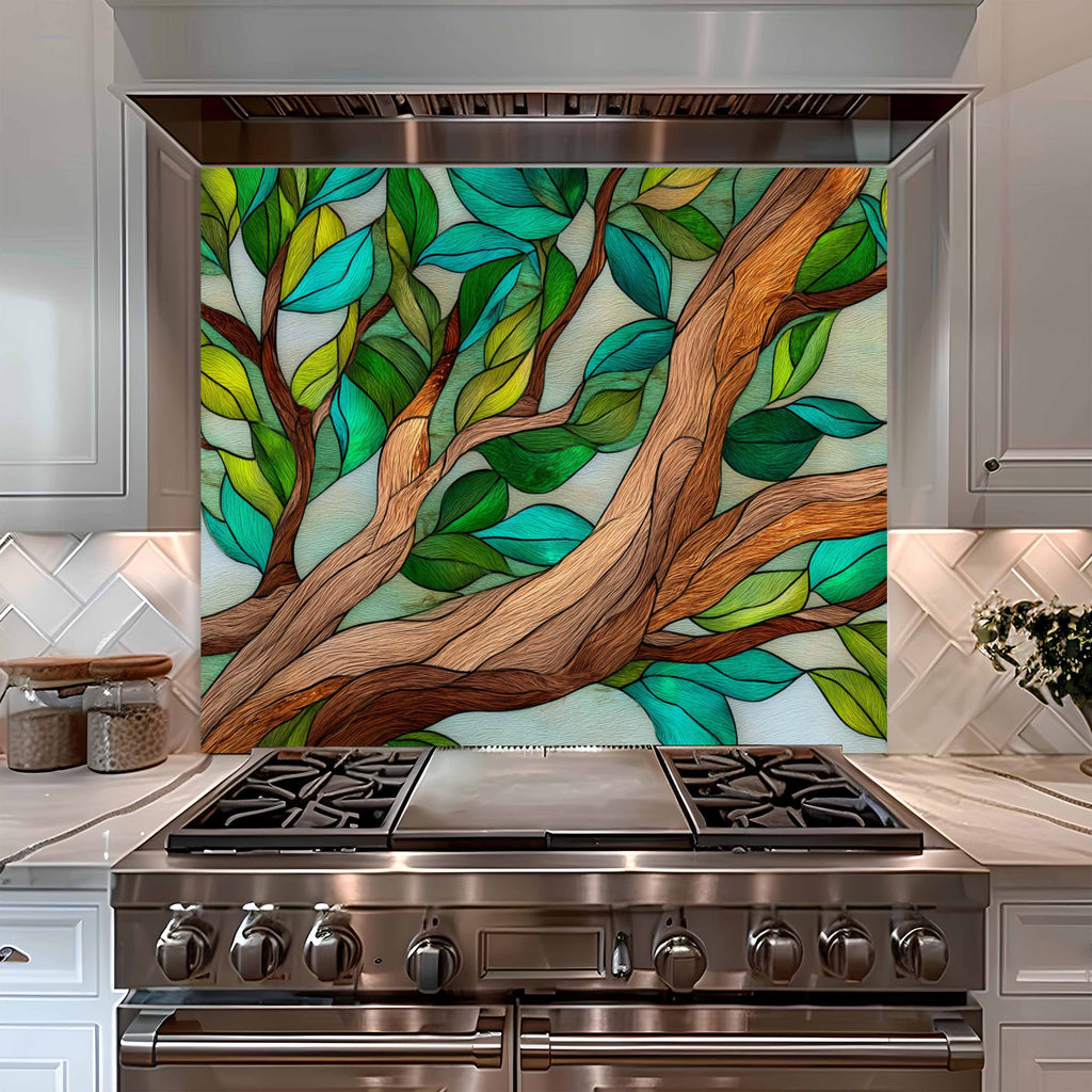 Abrazo Forestal – Protector contra Salpicaduras de Cristal Templado para Cocina | Vitral Inspirado en la Naturaleza
