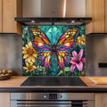Tempered Glass Backsplash for Kitchen | Colorful Butterfly & Floral Stained Glass Design