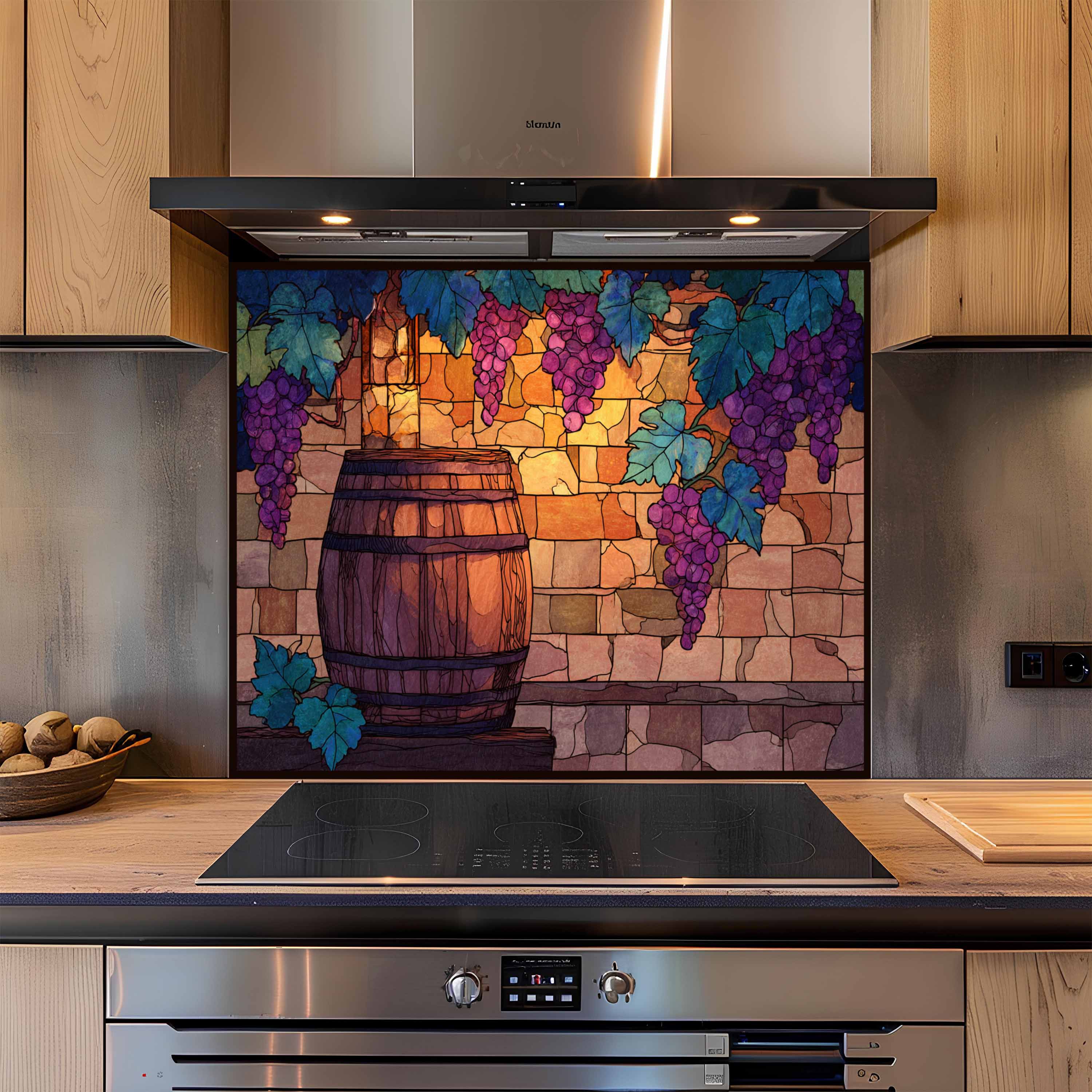 Tempered Glass Backsplash for Kitchen | Rustic Wine Barrel & Vineyard Grape Design