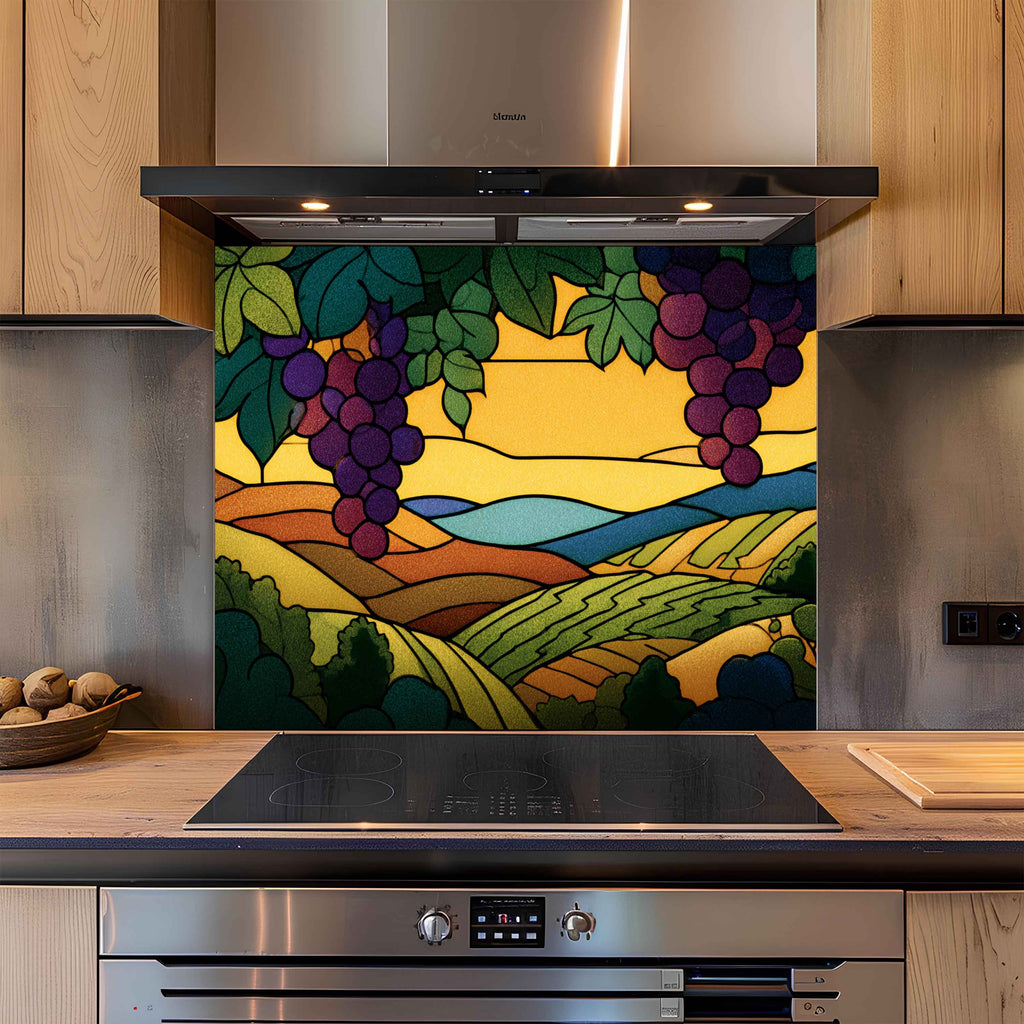 Tempered Glass Backsplash for Kitchen | Stained Glass Grape Field Landscape Design