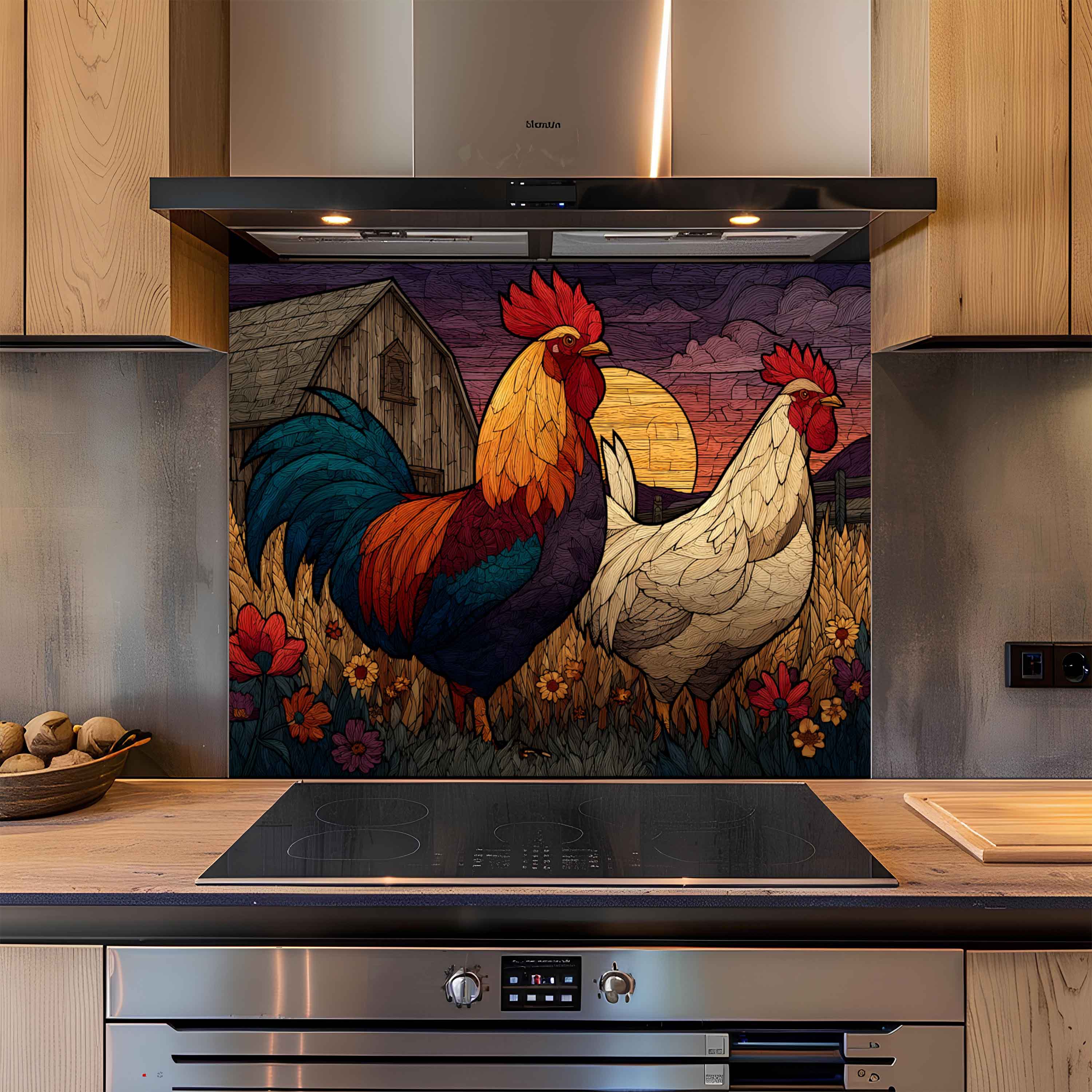 Salpicadero de Vidrio Templado para Cocina | Diseño de Escena de Granja de Gallo y Gallina Rústicos