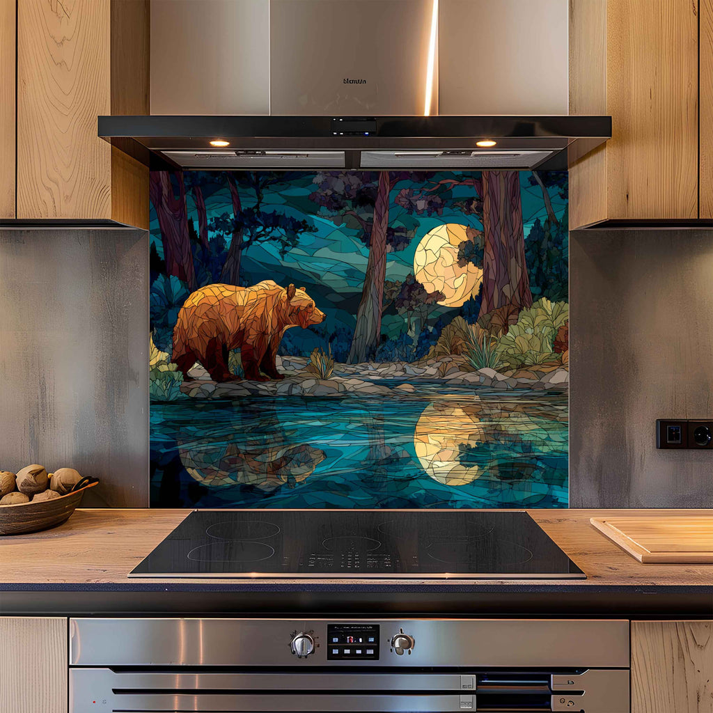 Moonlit Bear – Tempered Glass Backsplash For Forest Cabin Kitchen Style