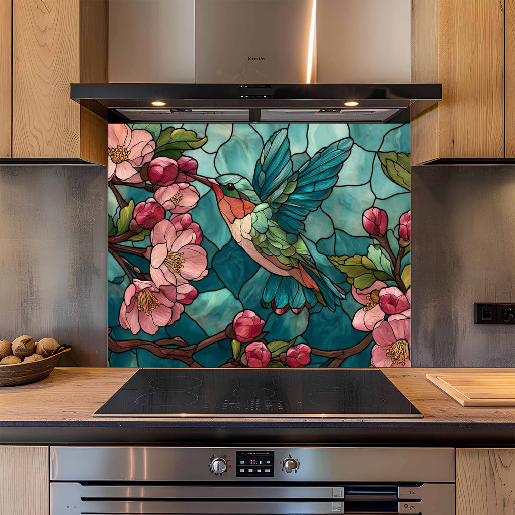 Néctar de Flores – Protector contra salpicaduras de cocina de cristal templado con colibrí