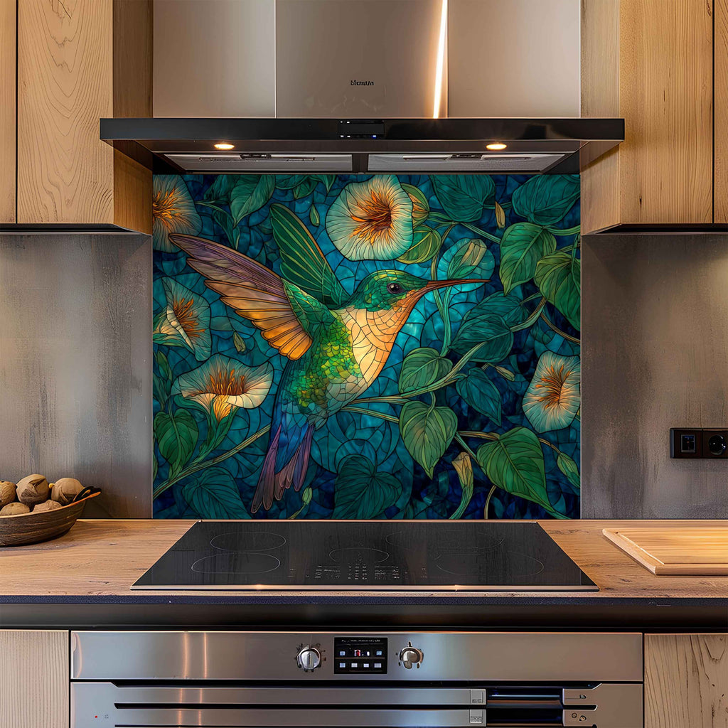 Emerald Flight Kitchen Splashback – Tempered Glass Backsplash with Hummingbird and Floral Vines