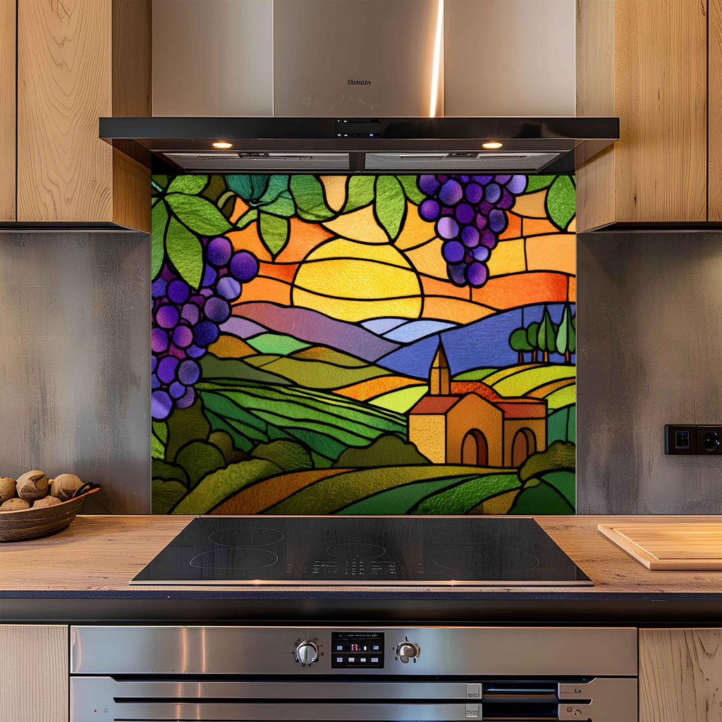 Tempered Glass Backsplash for Kitchen | Stained Glass Grape Vineyard Sunset
