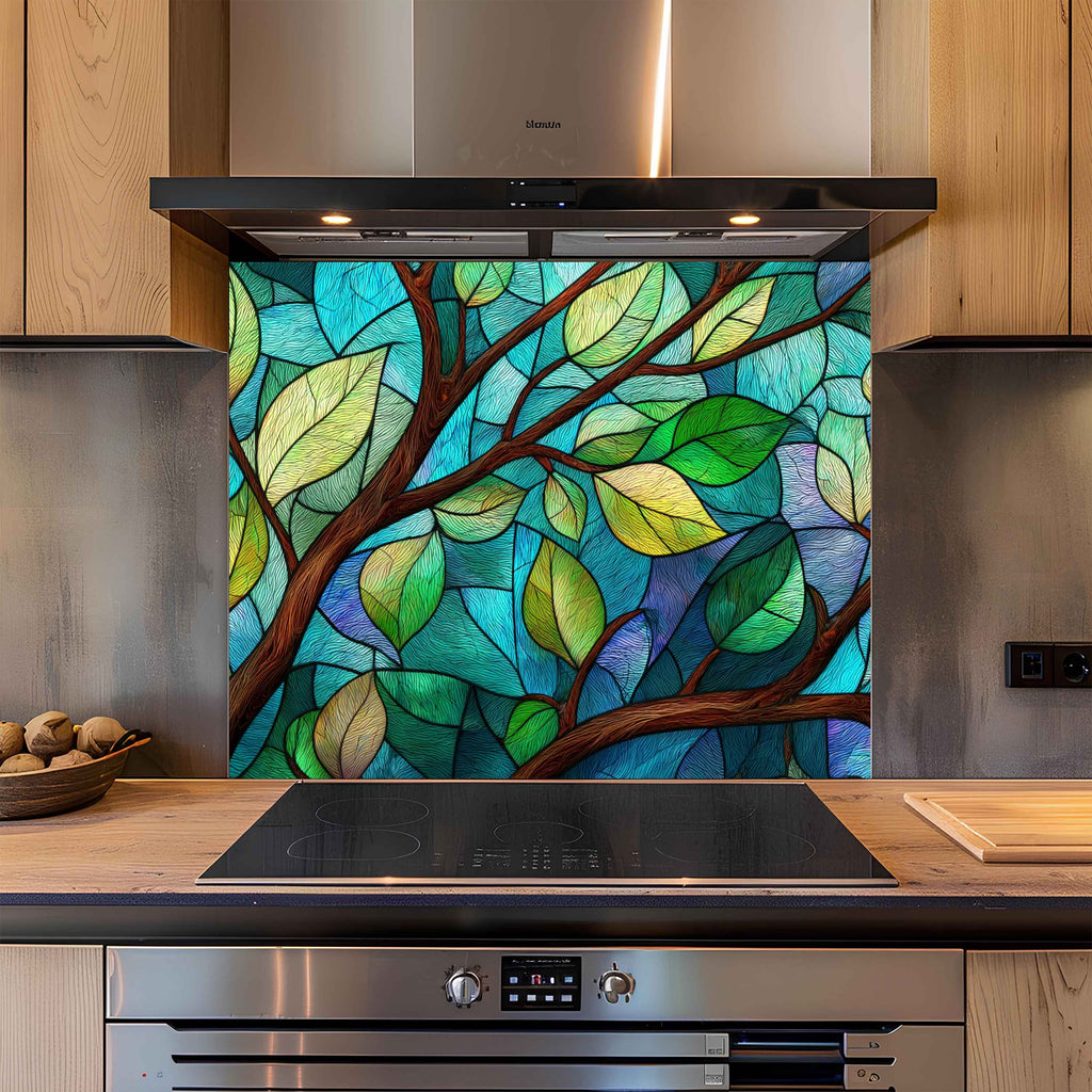 Tranquil Branches – Tempered Glass Backsplash for Kitchen | Tree Leaves Splashback
