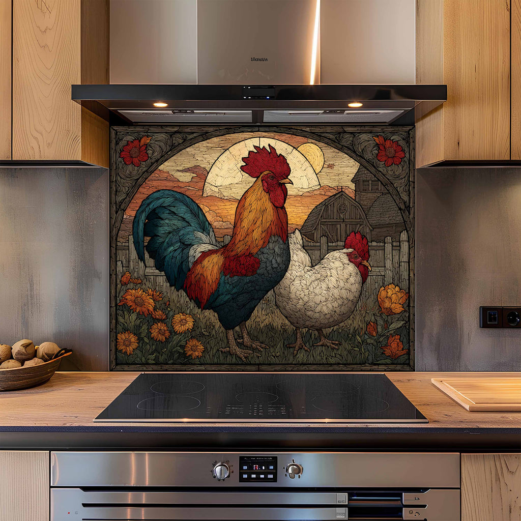 Tempered Glass Backsplash for Kitchen | Vintage Rooster and Hen Farm Design
