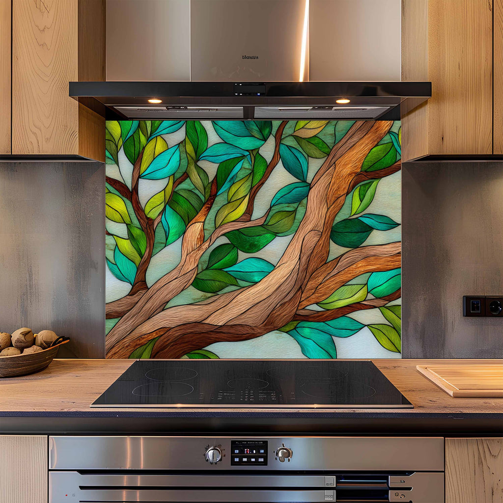 Abrazo Forestal – Protector contra Salpicaduras de Cristal Templado para Cocina | Vitral Inspirado en la Naturaleza